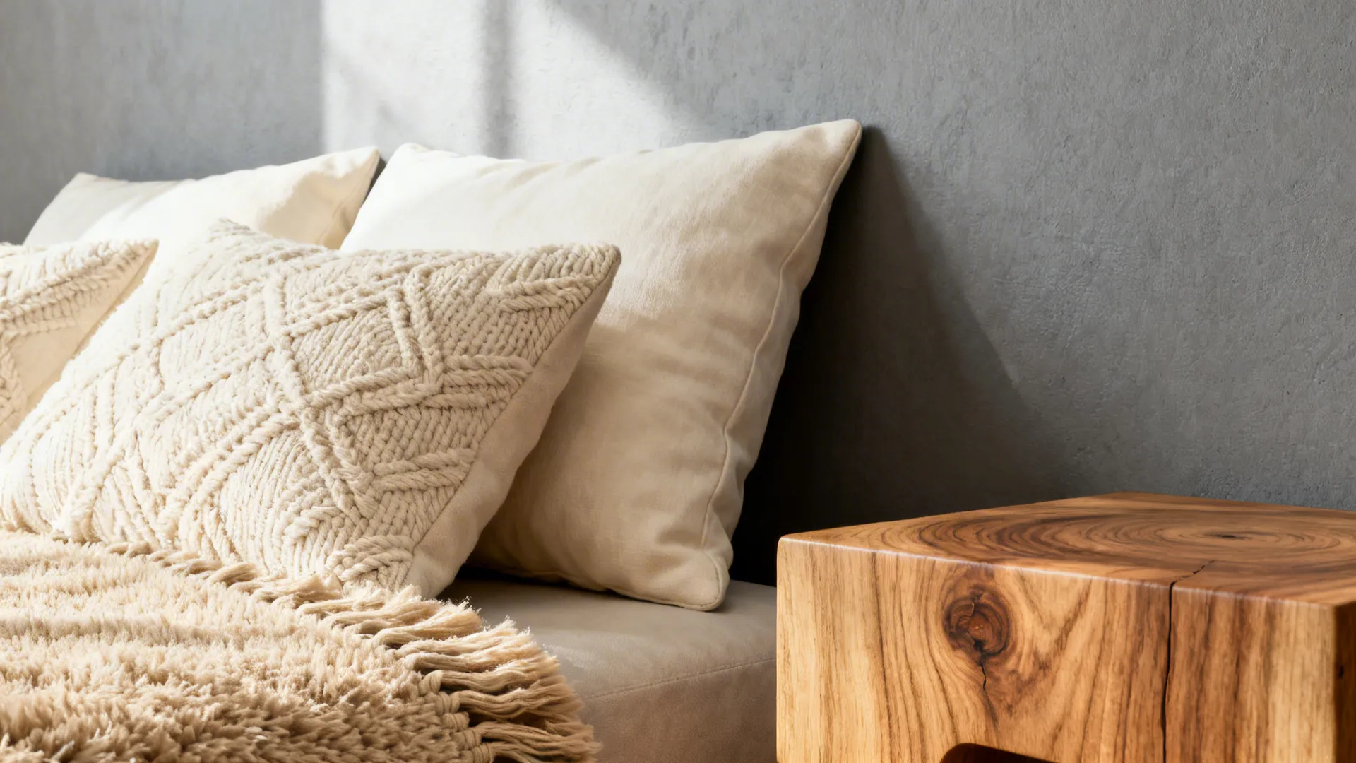 Close-up of cream pillows, wool rug and oak side table against a grey wall showing texture and warmth.