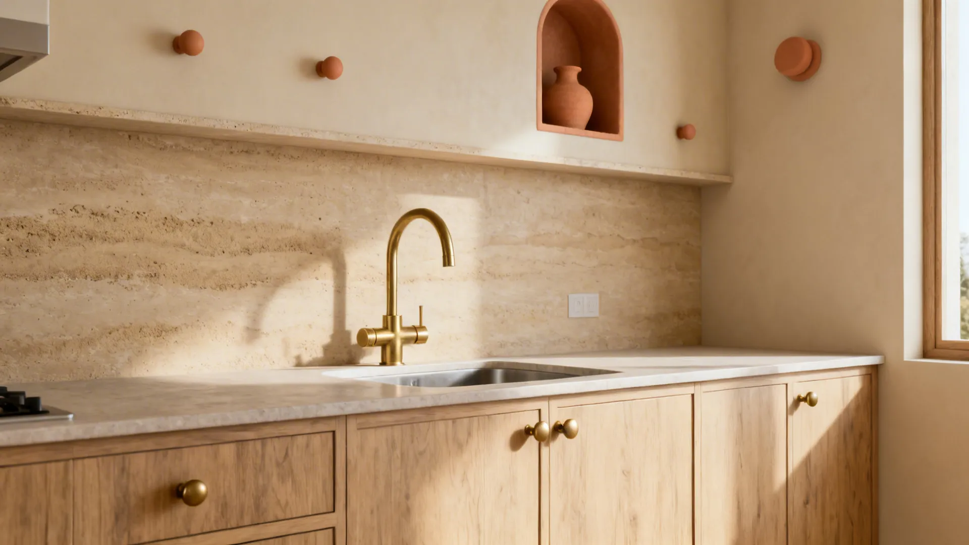 Small kitchen with creamy beige walls, terracotta knobs, and light oak cabinets for a grounded feel.