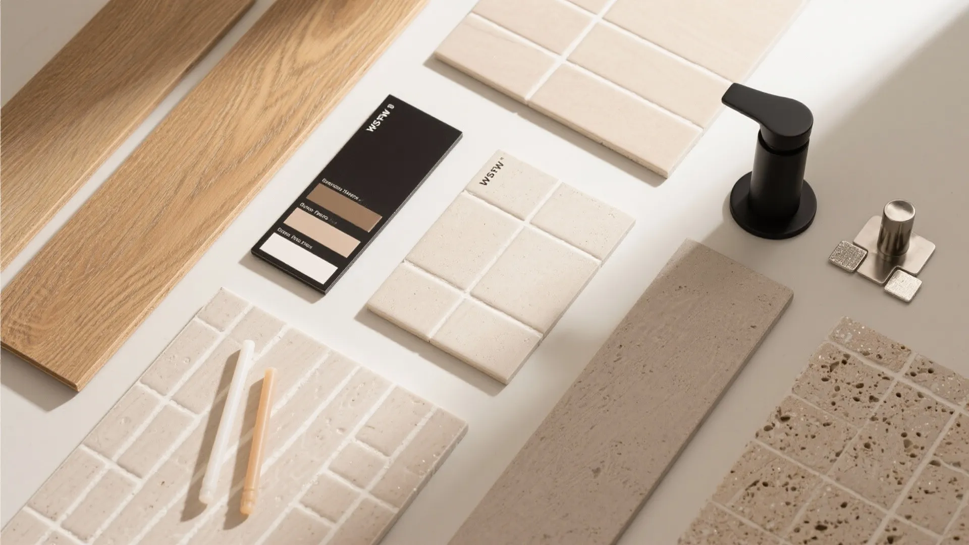 Flat lay of interior design materials including wood flooring beige tiles black faucet and color swatches
