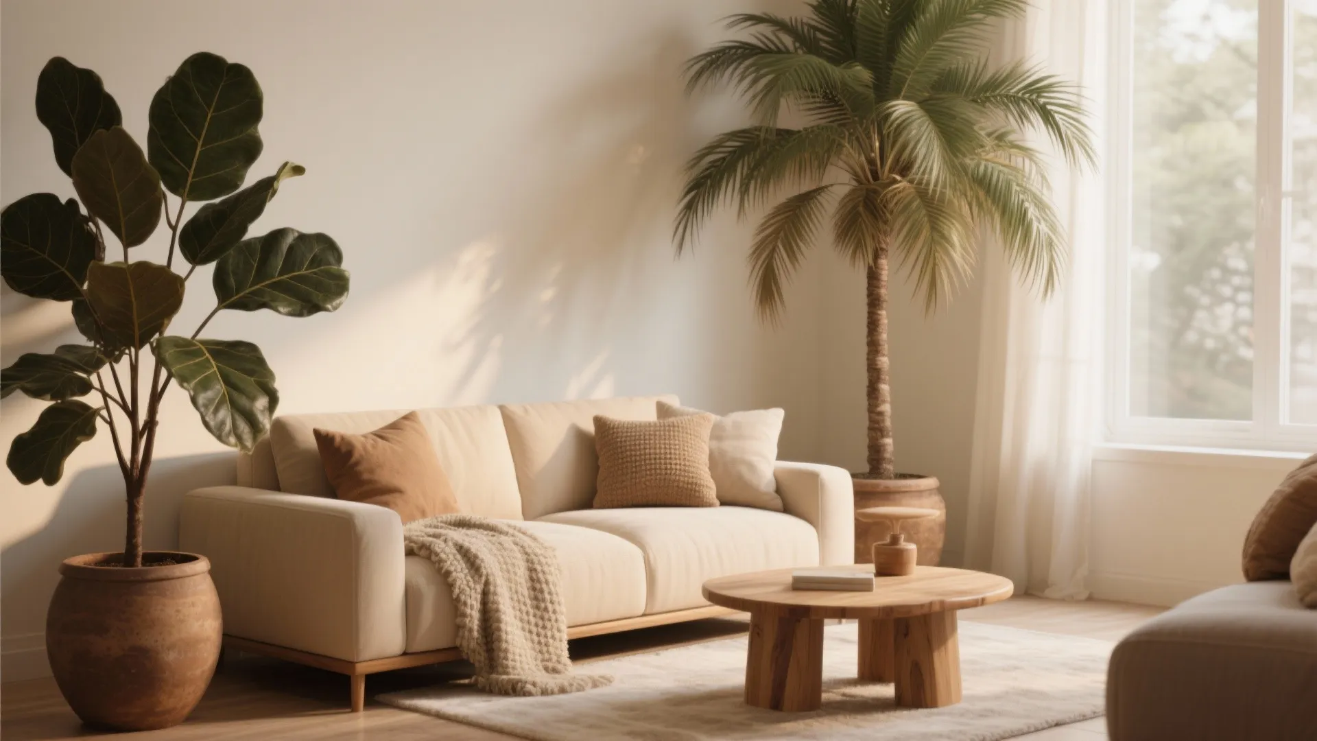Warm neutral living room with large indoor plants as focal points.