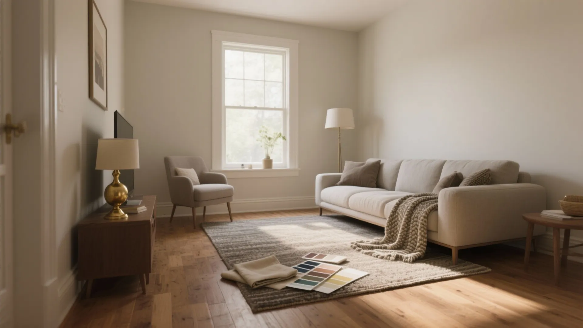 Warm living room with cream sofa armchair wood floor grey rug color samples and natural sunlight