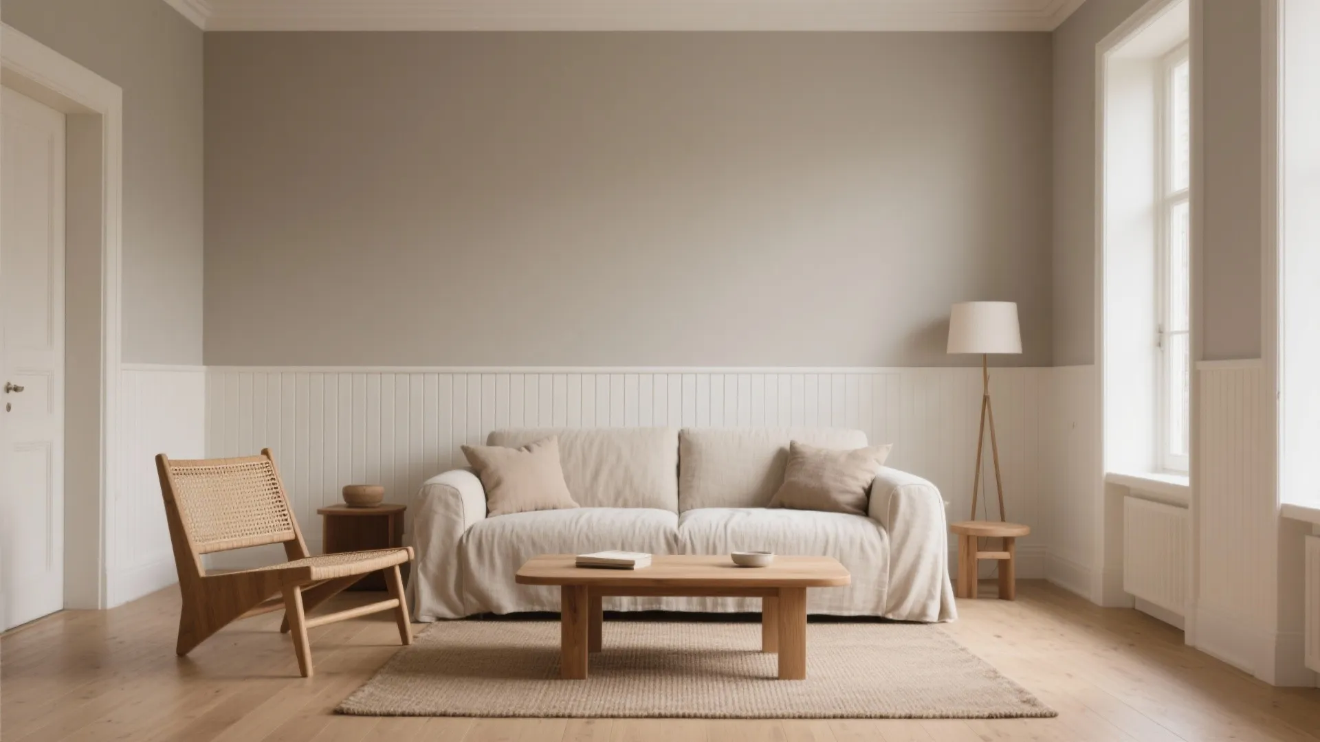 Minimalist living room with beige sofa wooden coffee table floor lamp and white wall panels