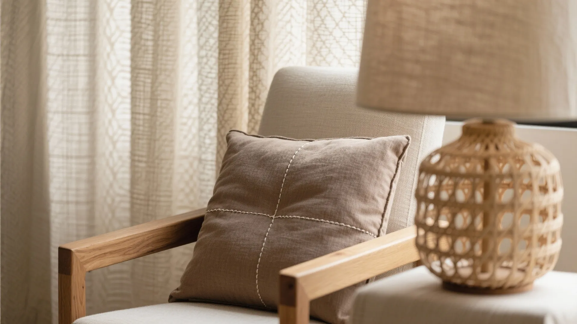 Macro of linen weave, rattan pattern, and taupe cushion stitching on an oak armrest in soft daylight.