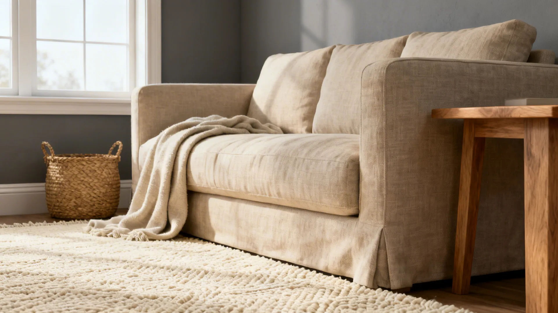 Cozy nook with mid-gray walls, beige linen sofa, cream rug and oak side table.