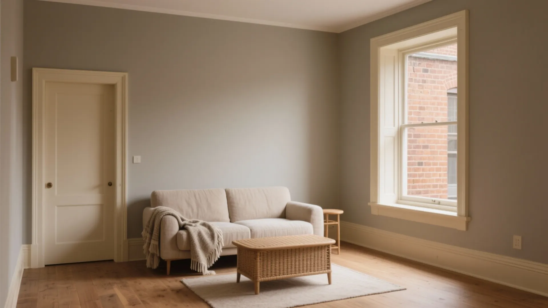 Minimalist living room with beige sofa coffee table wooden floor large windows and grey wall paint
