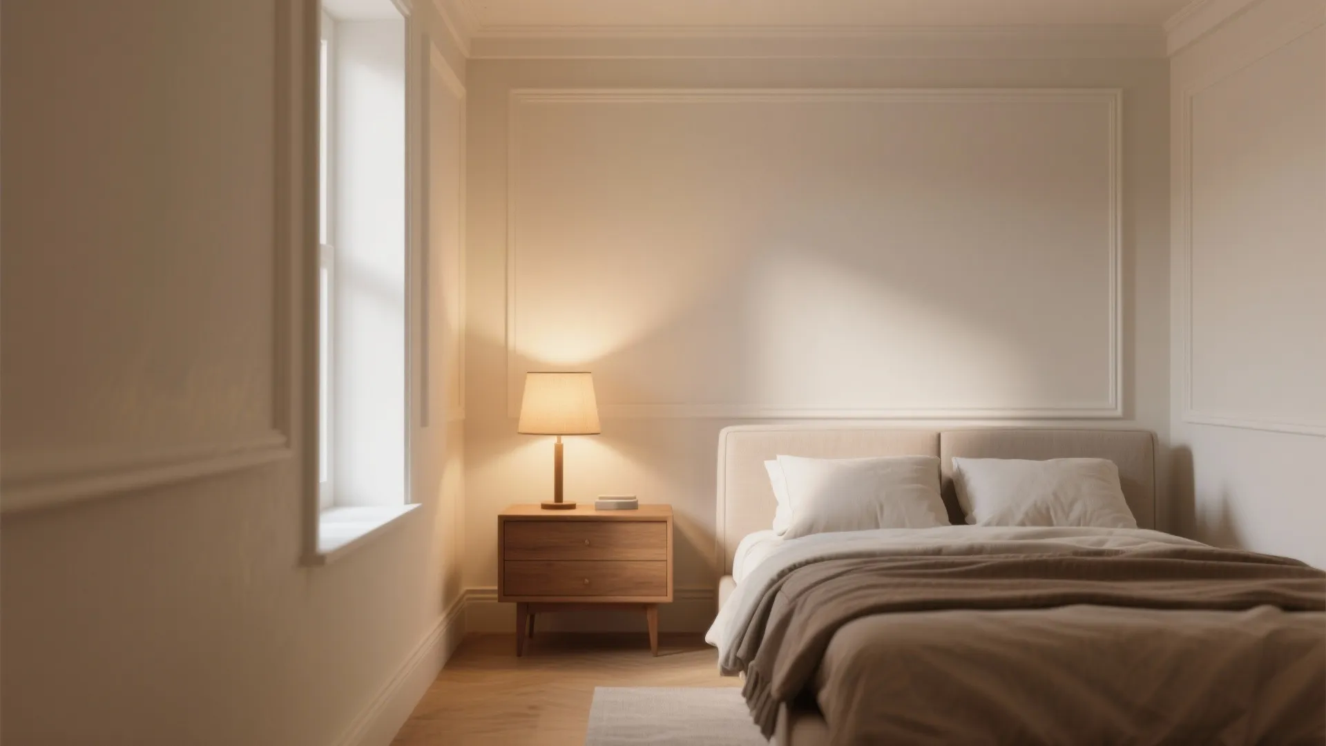 Cozy small room painted in warm light neutrals with white trim to reflect and spread light.