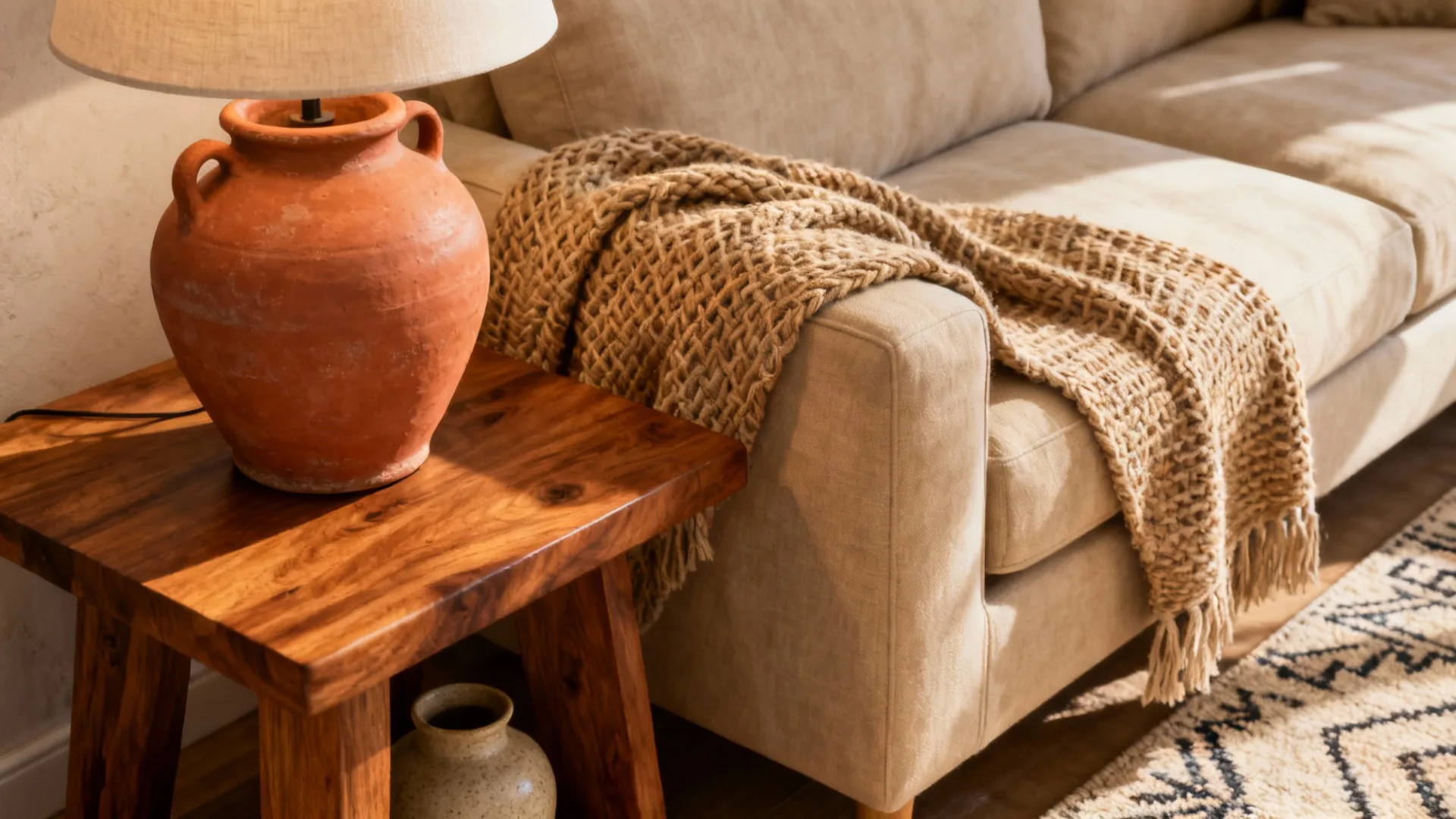 Cozy living room corner with beige sofa brown knitted blanket wooden side table and clay lamp