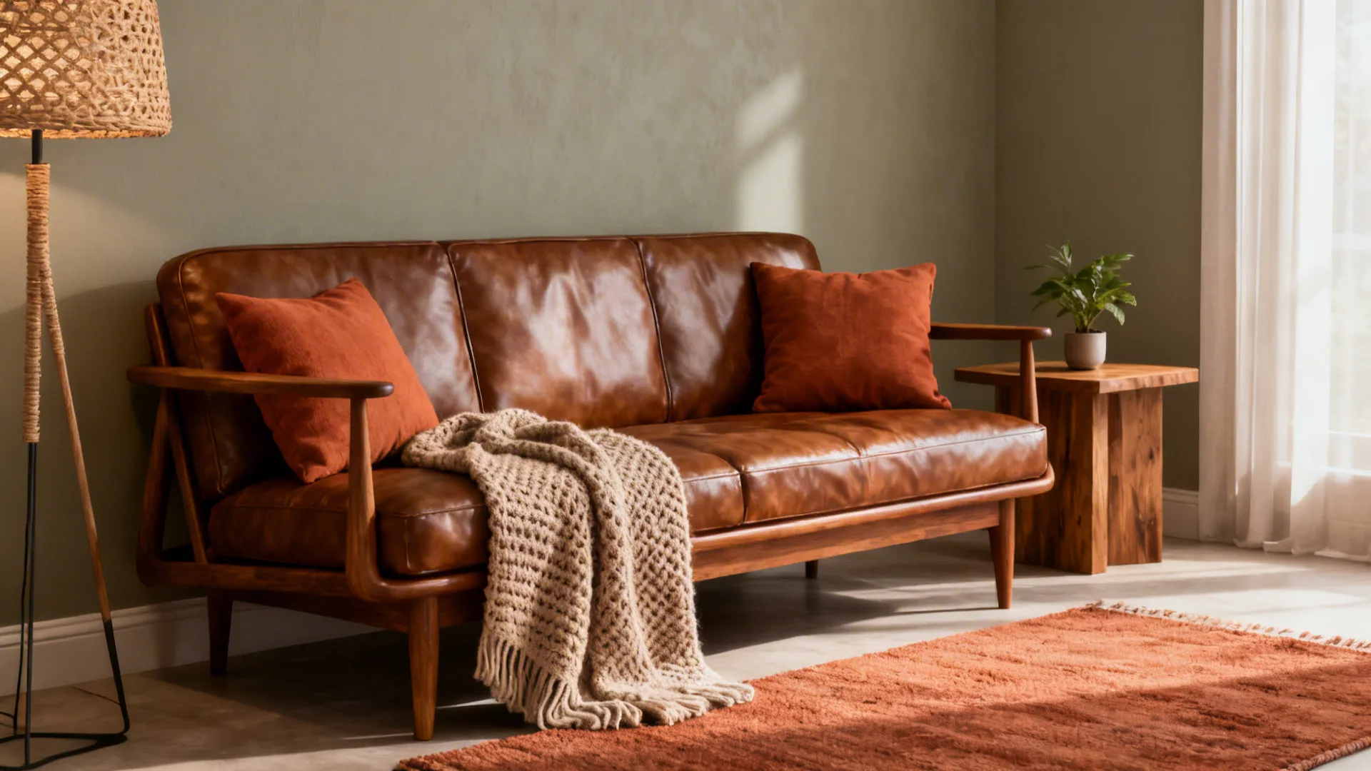 Brown sofa on warm greige walls with terracotta cushions and textured accents