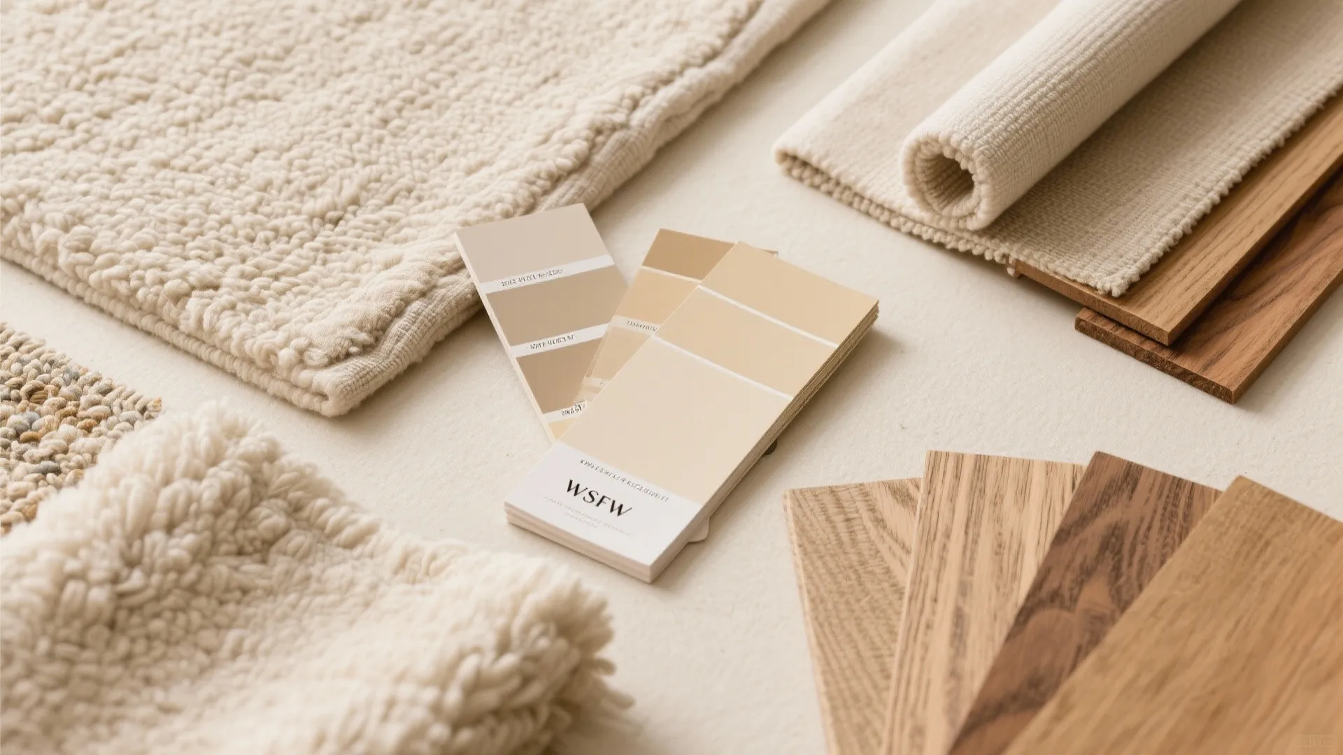 Interior design mood board with neutral fabric samples, beige color swatches, and natural wood flooring