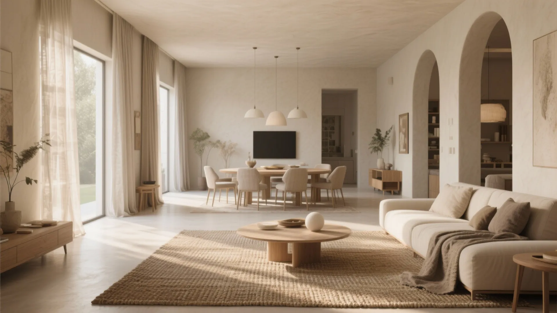 Living-dining space in beige, taupe, and cream with layered textures