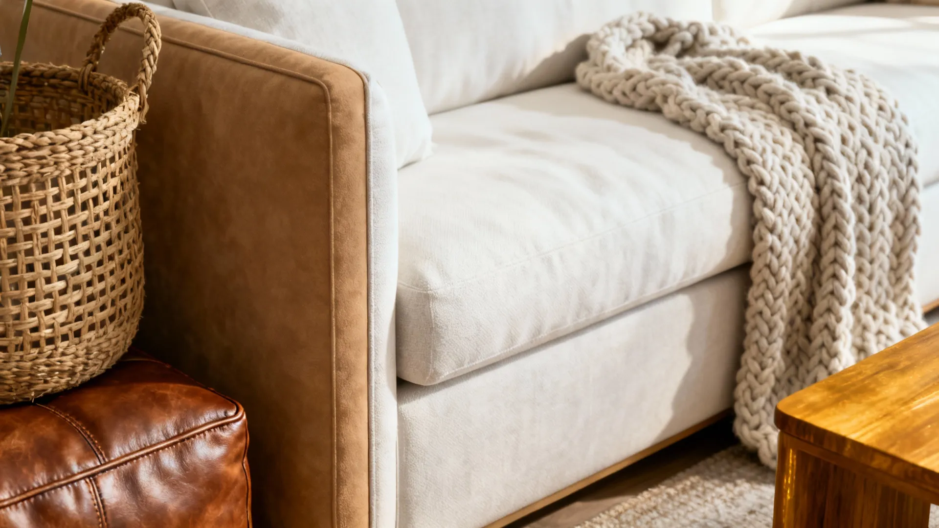 Close-up of woven basket, leather ottoman and knit throw next to a tan sofa