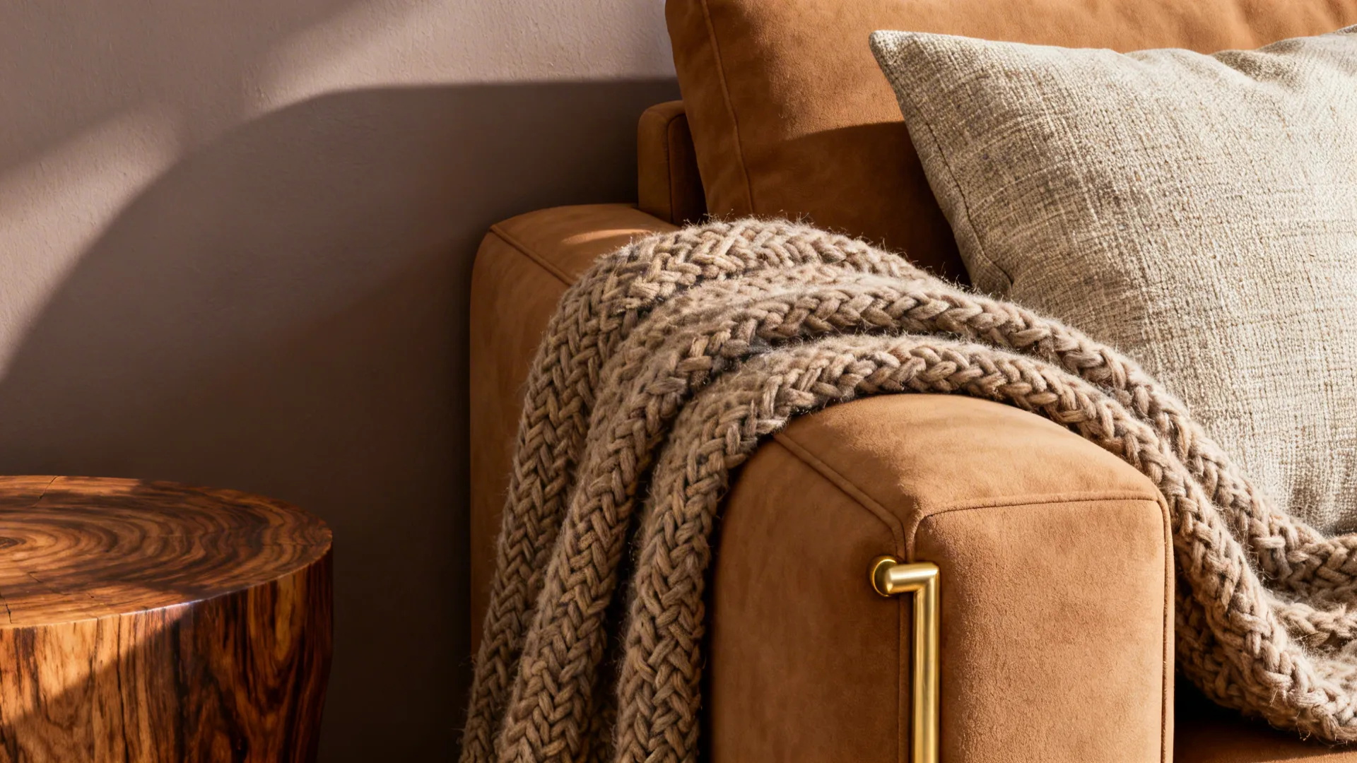 Close up of a tan sofa with a knitted blanket, grey pillow, and wooden table