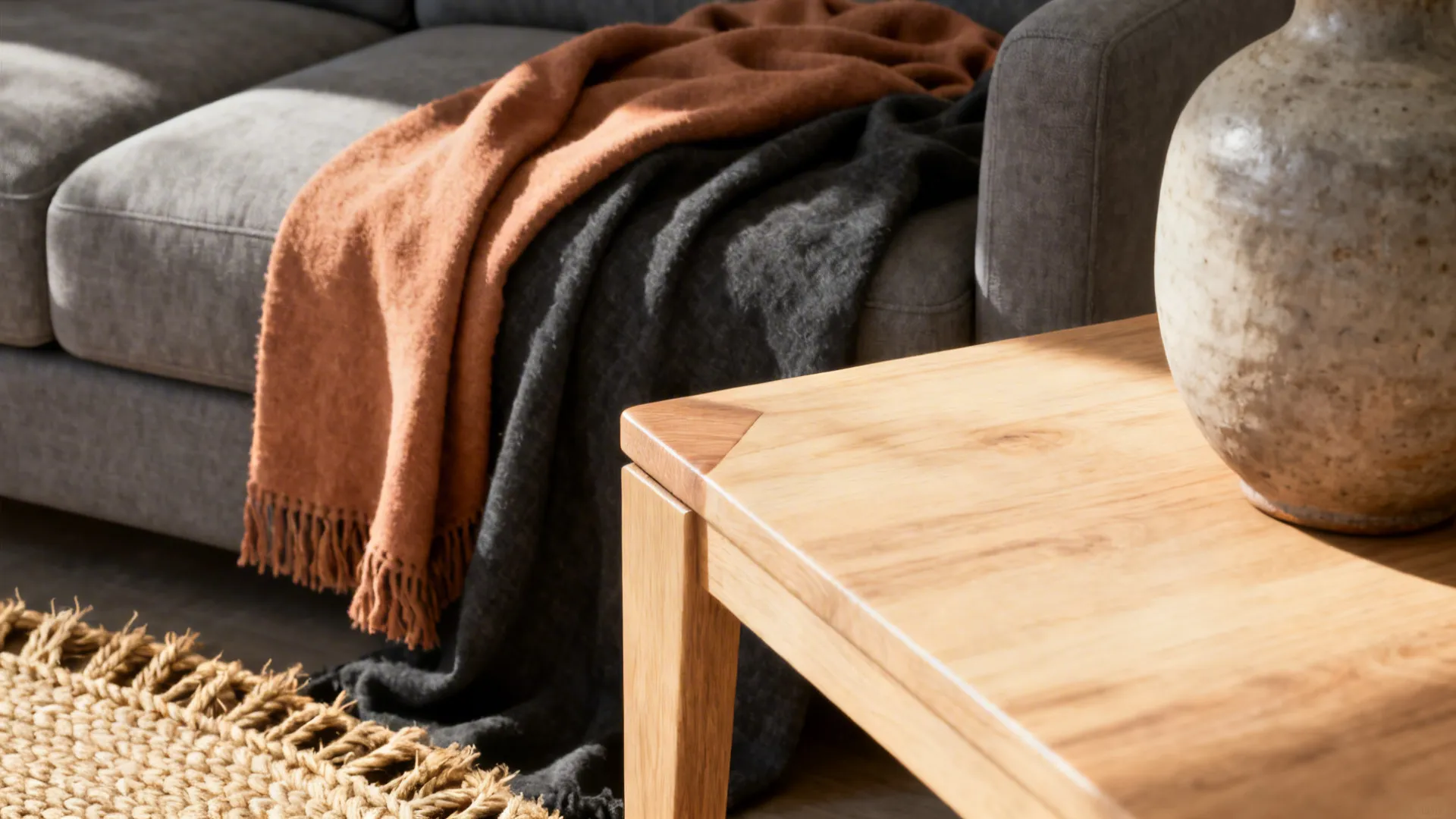 Close up of wooden coffee table with ceramic vase and sofa with orange textured blanket