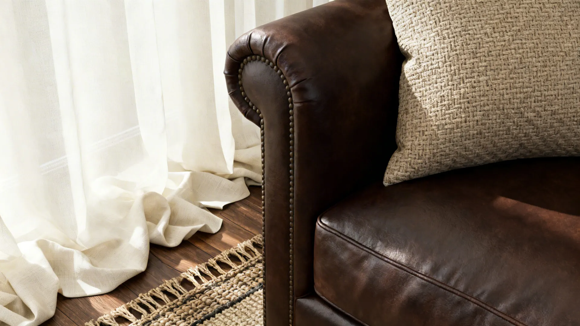 Close-up of cream and taupe textiles layered with dark brown leather and woven rug.