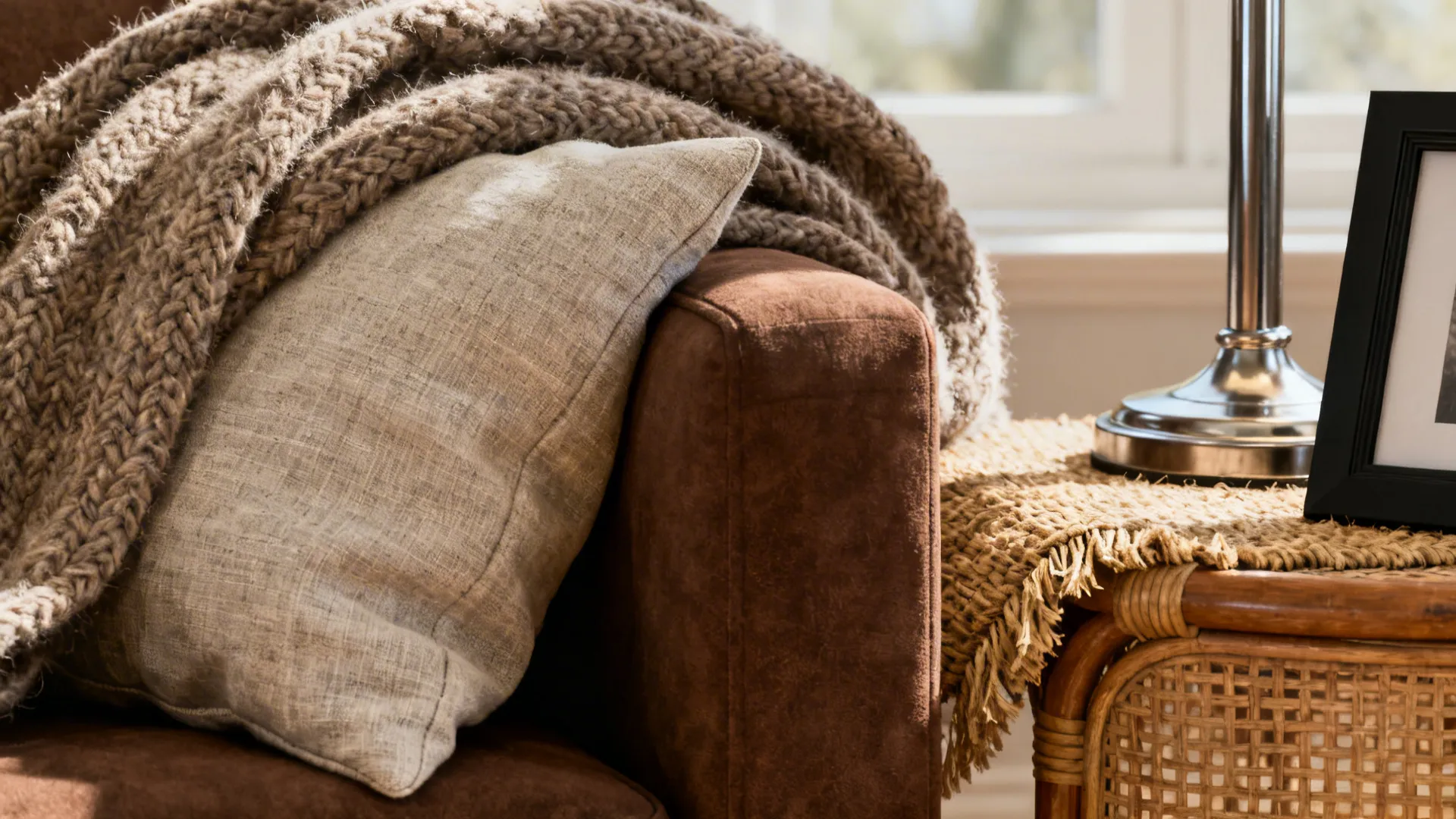 Brown sofa arm with gray pillow and knitted blanket next to woven table with metal lamp