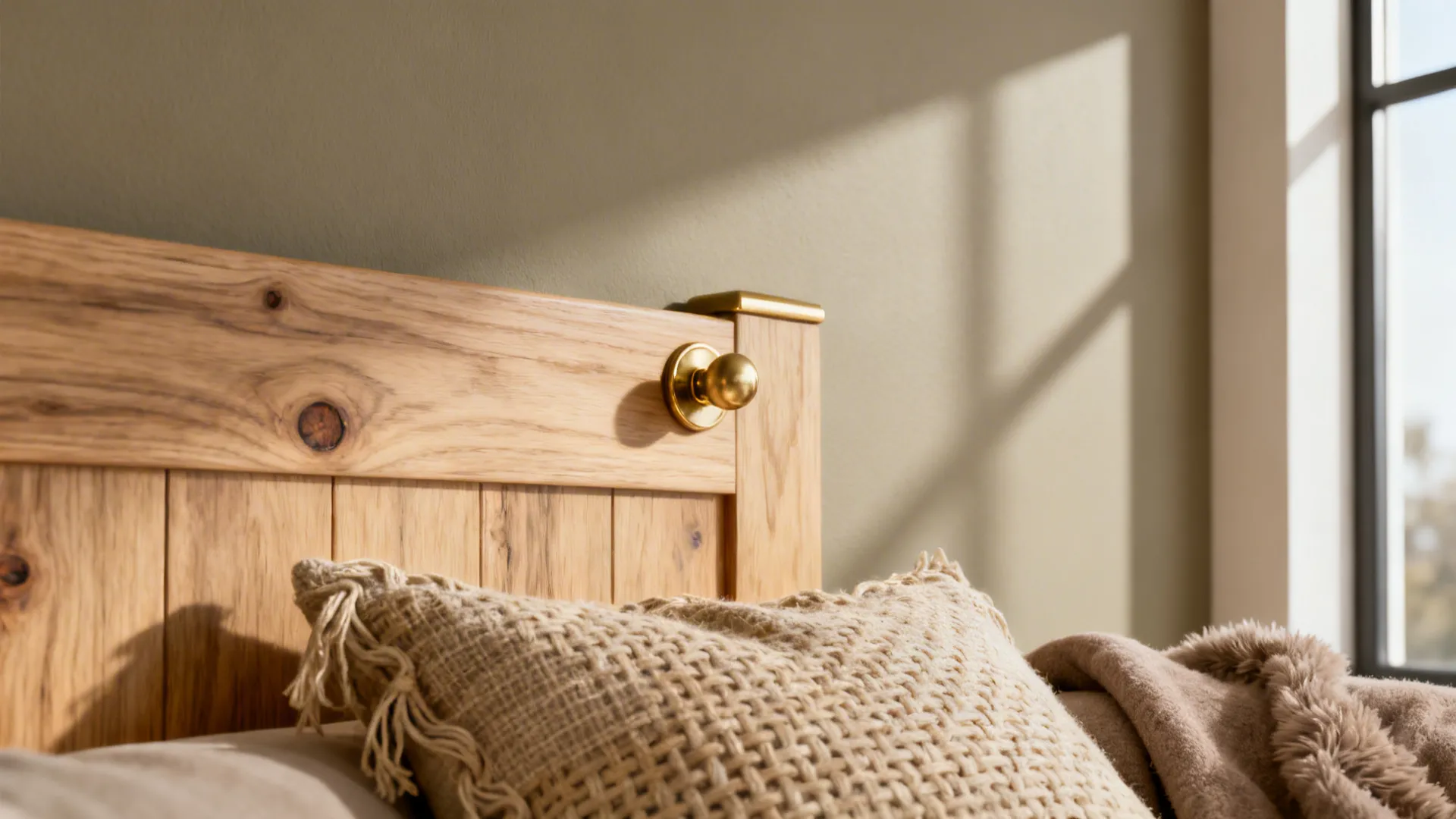 Close up of wooden bed frame with gold detail and soft textured pillows in natural light