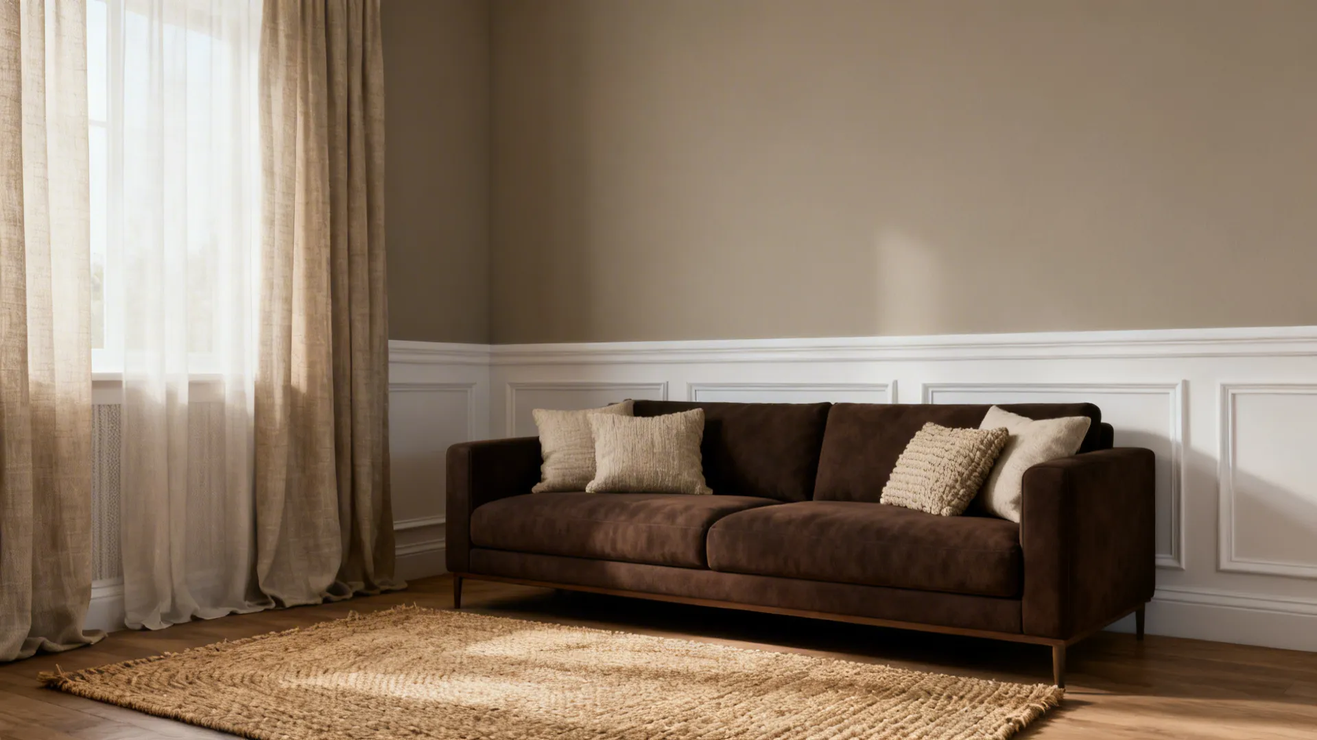 Dark brown sofa with light pillows against a beige wall and white wall panel design