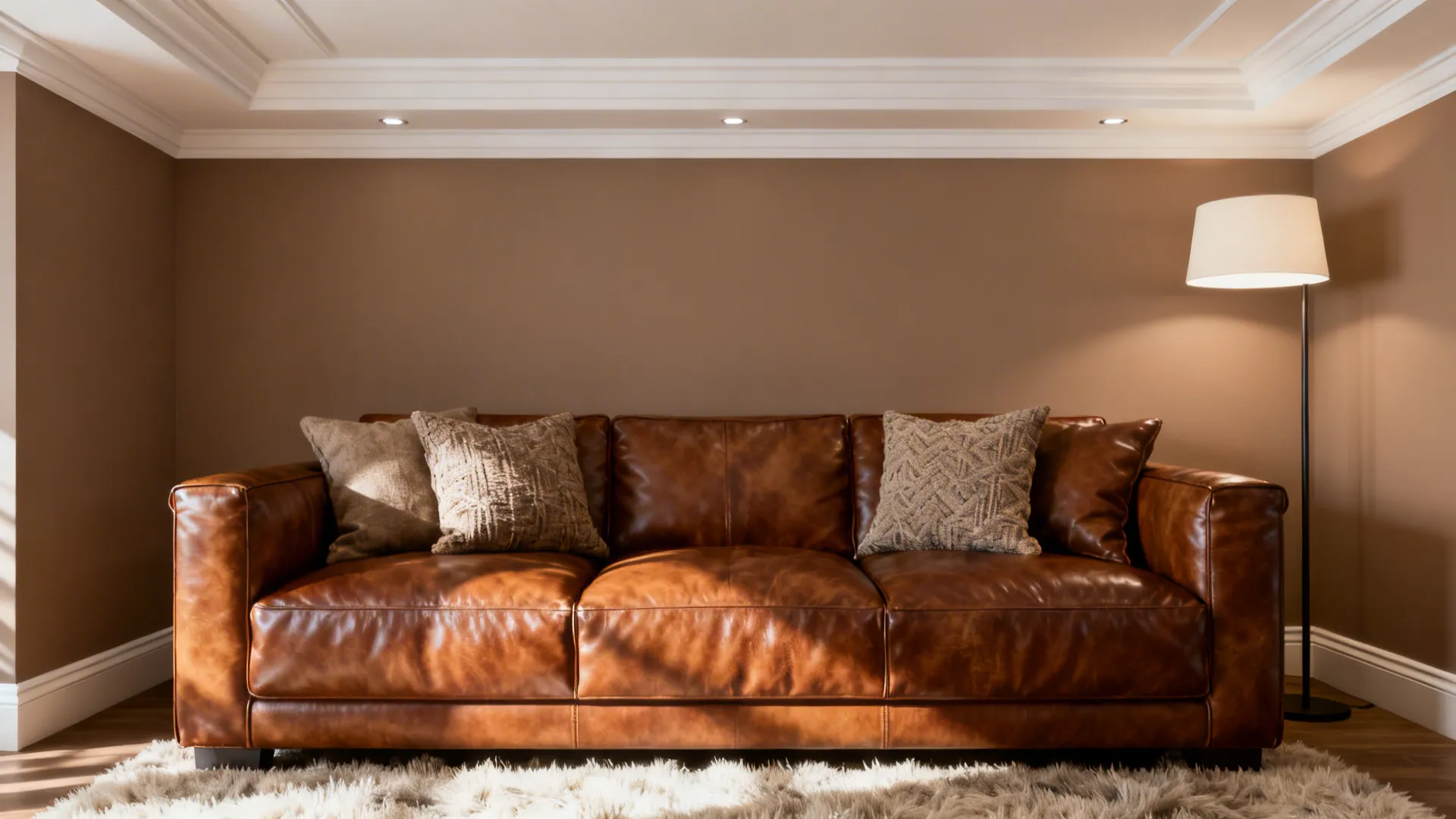 Caramel brown leather sofa against warm taupe walls with white trim