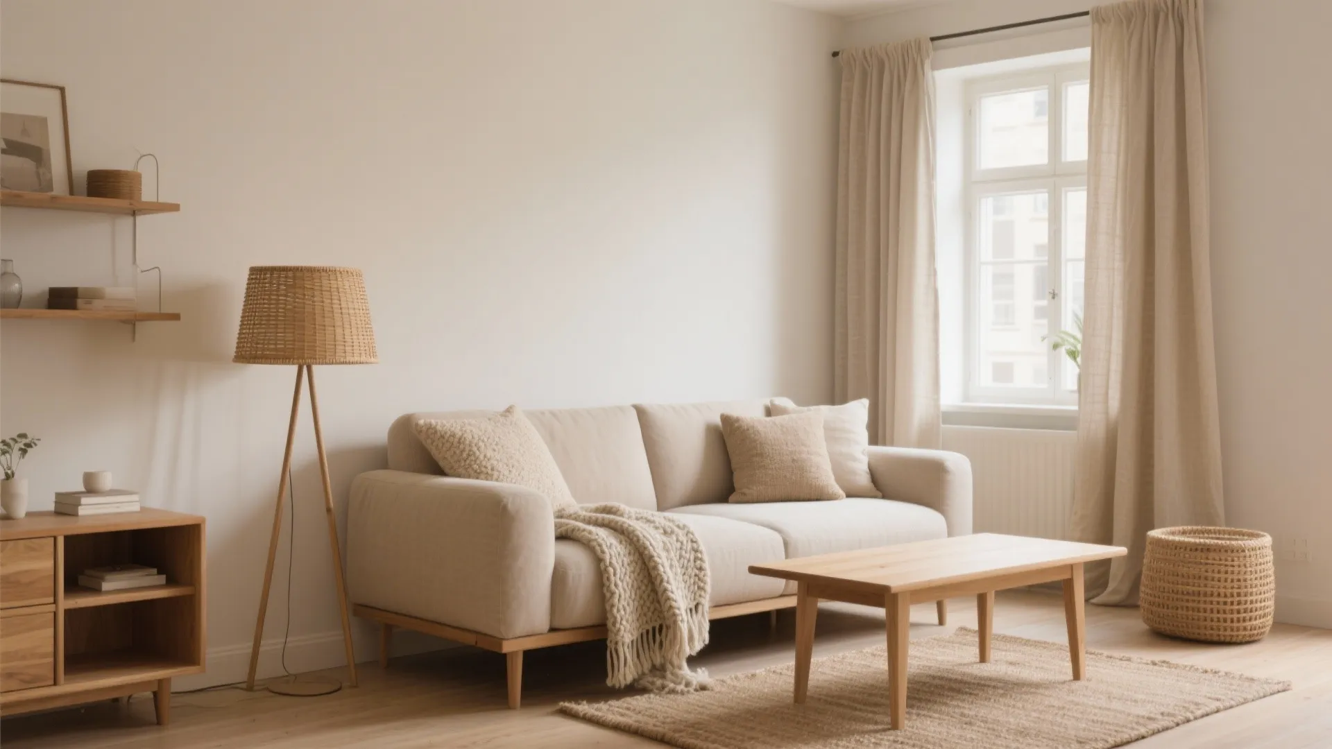 Compact living room with beige walls, linen curtains, rattan lamp, layered neutral textures, and light oak furniture.