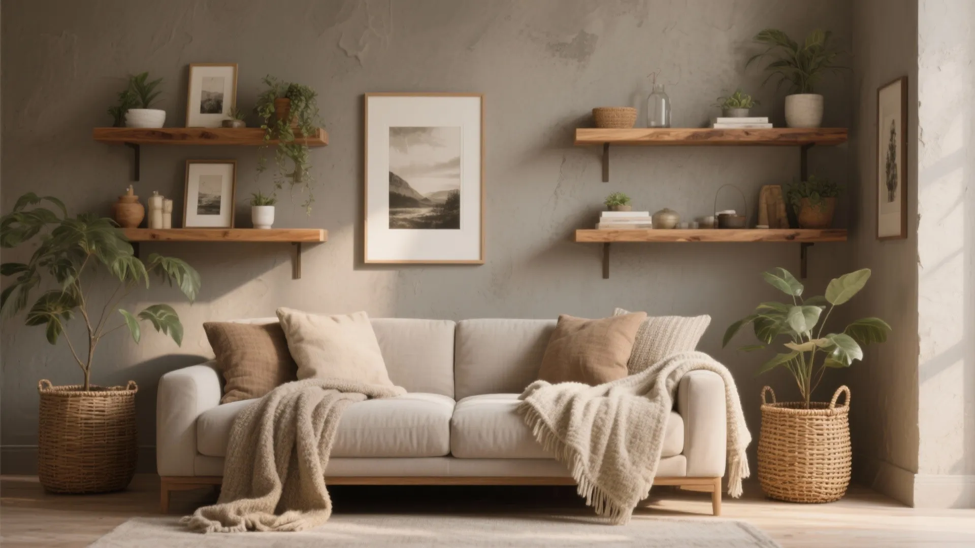 4. Warm layered neutrals with wood