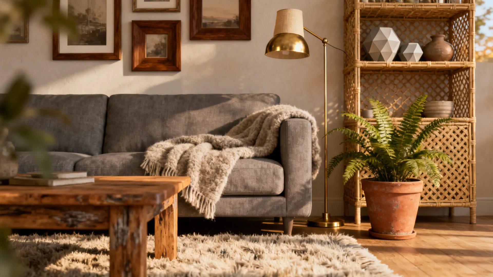Grey sofa with oak coffee table, rattan shelf and brass lamp in warm neutral living room