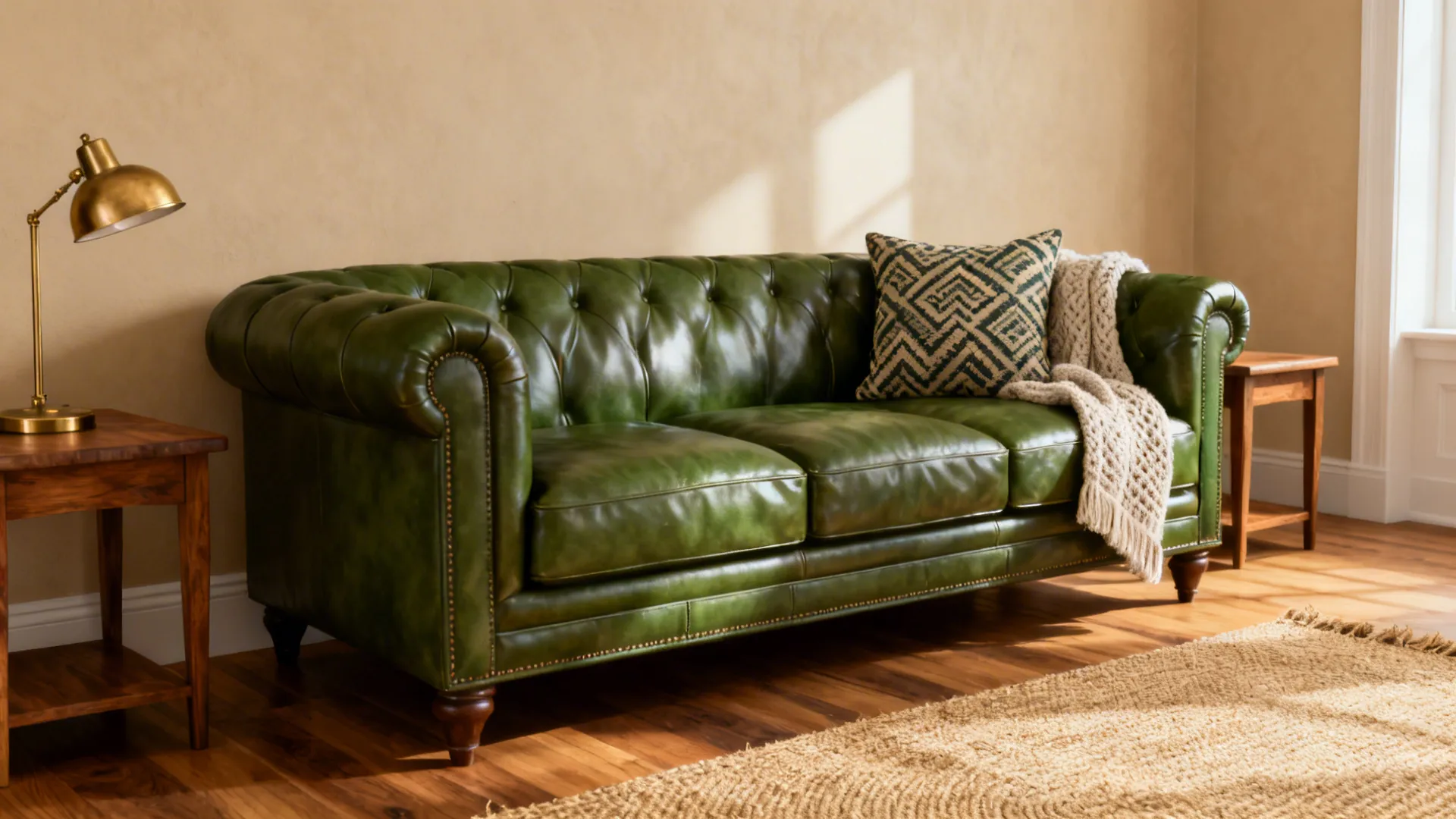 Green leather sofa with patterned pillow and white blanket on wooden floor with gold lamp