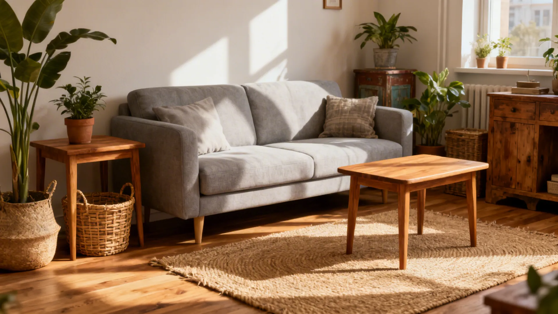 Cosy living room featuring grey sofa wooden coffee table jute rug green plants and sunlight