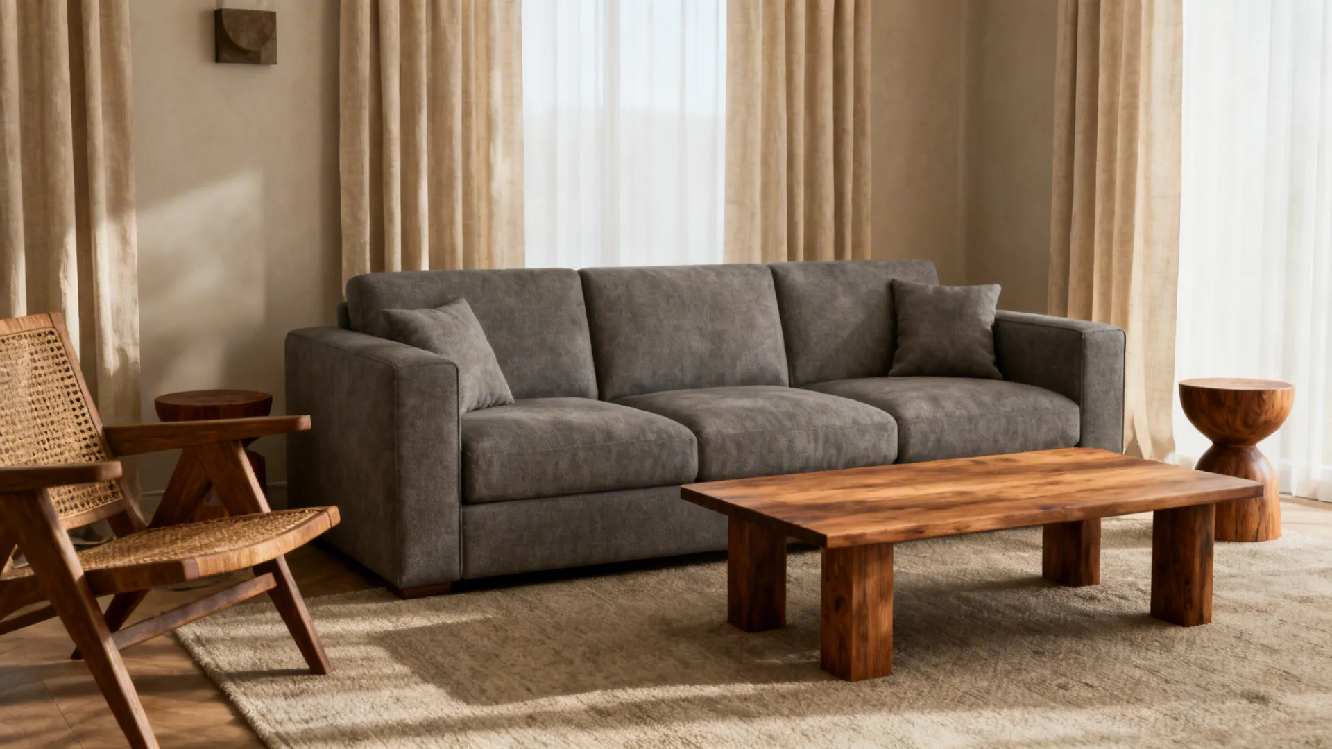 Living room featuring grey sofa and wooden coffee table and wooden chair plus long curtains
