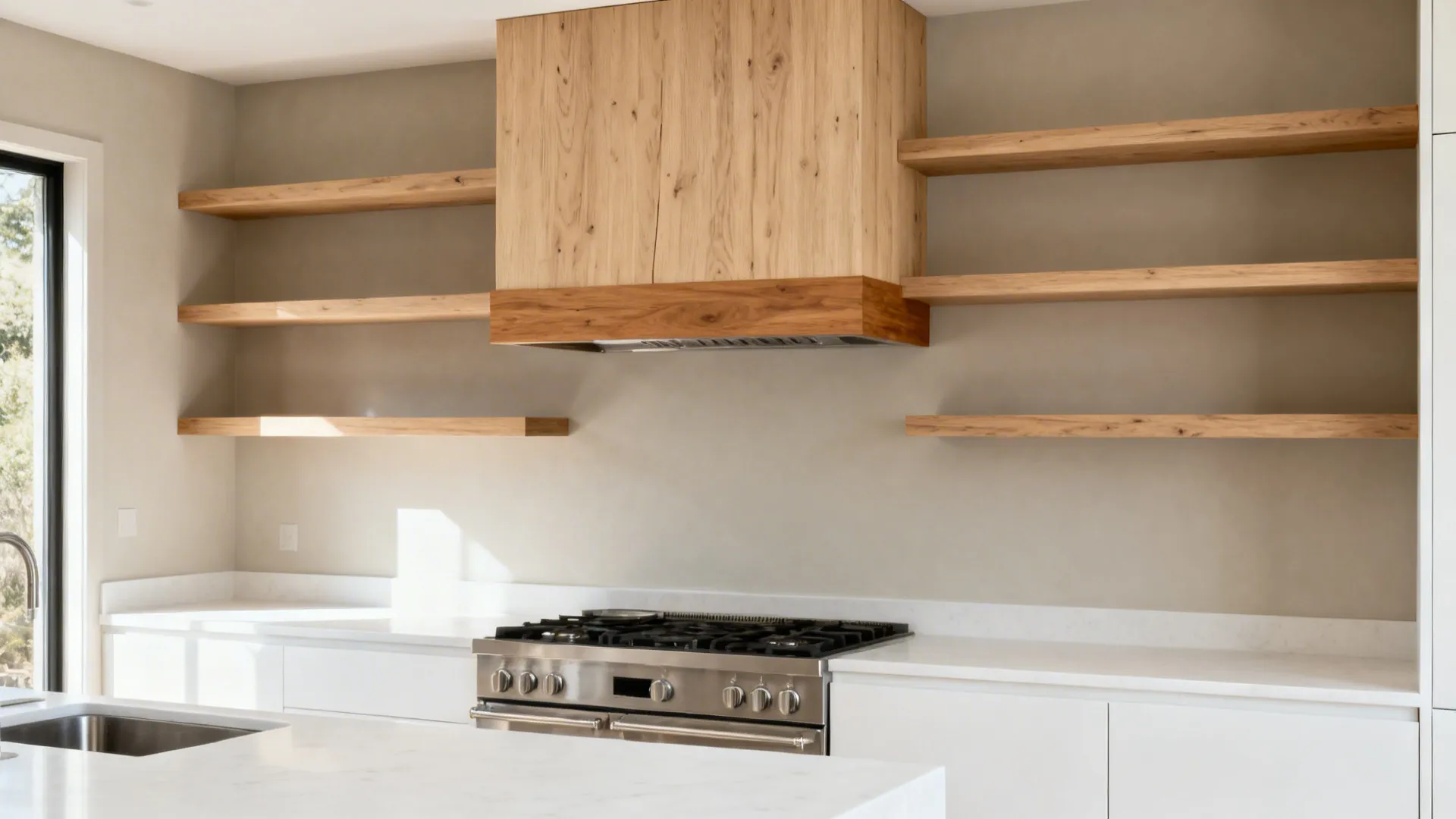 Contemporary kitchen with rift-cut white oak shelves and an oak-trimmed hood amid white cabinetry.