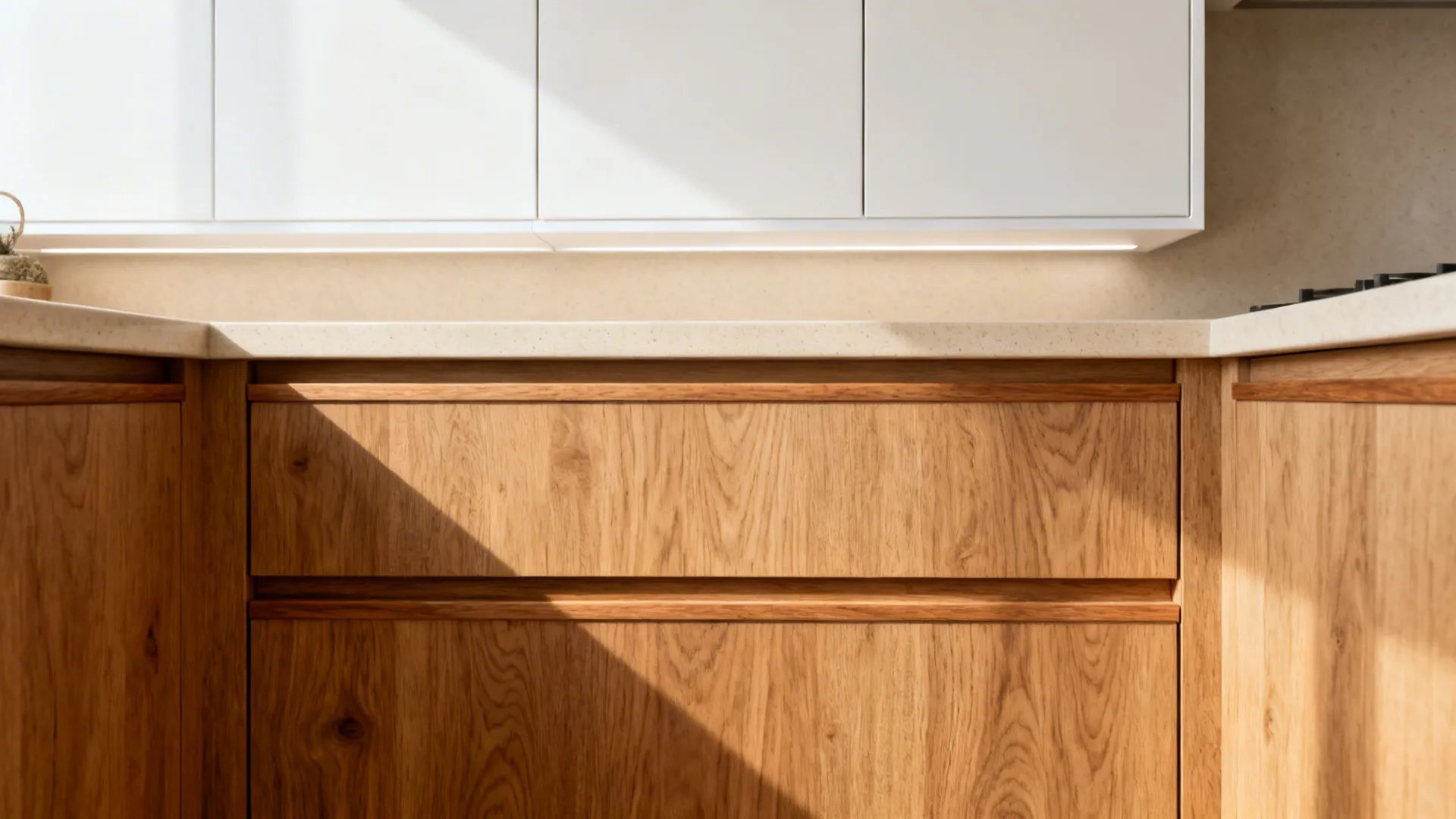Compact kitchen with oak veneer base drawers and white uppers under soft daylight.