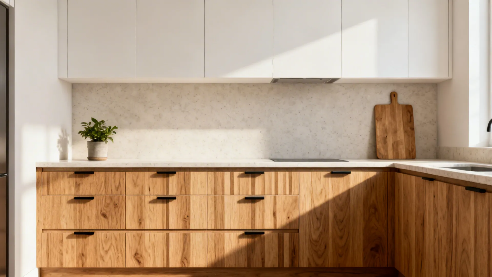 Modern kitchen with rift-cut white oak veneer base cabinets and soft white slab uppers.
