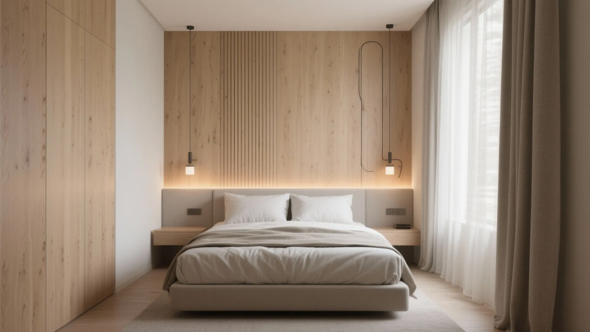 Warm-Toned Wood Panel Accent Behind the Bed