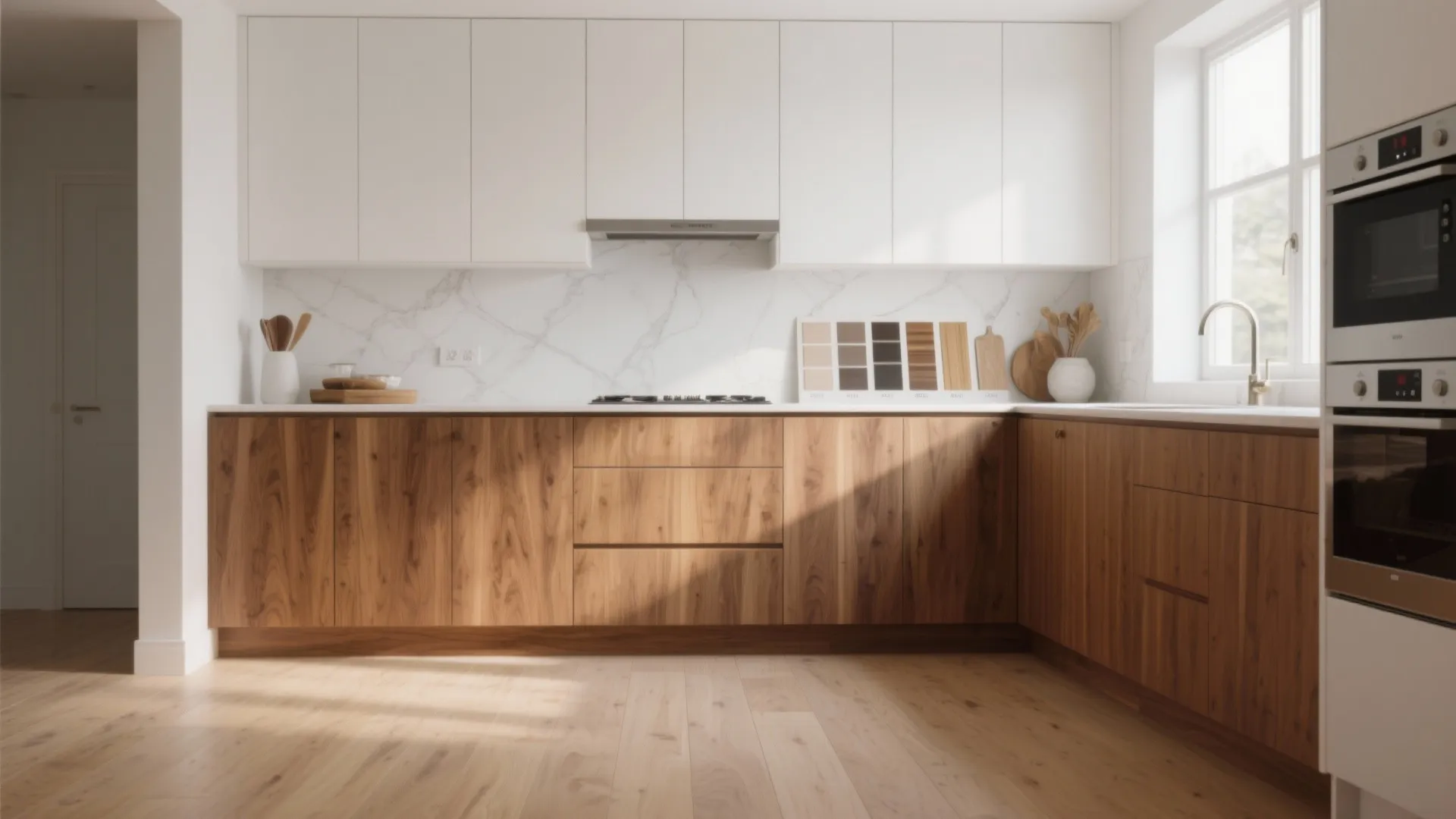 2. Pair with Warm Wood Cabinets for Cozy Contrast