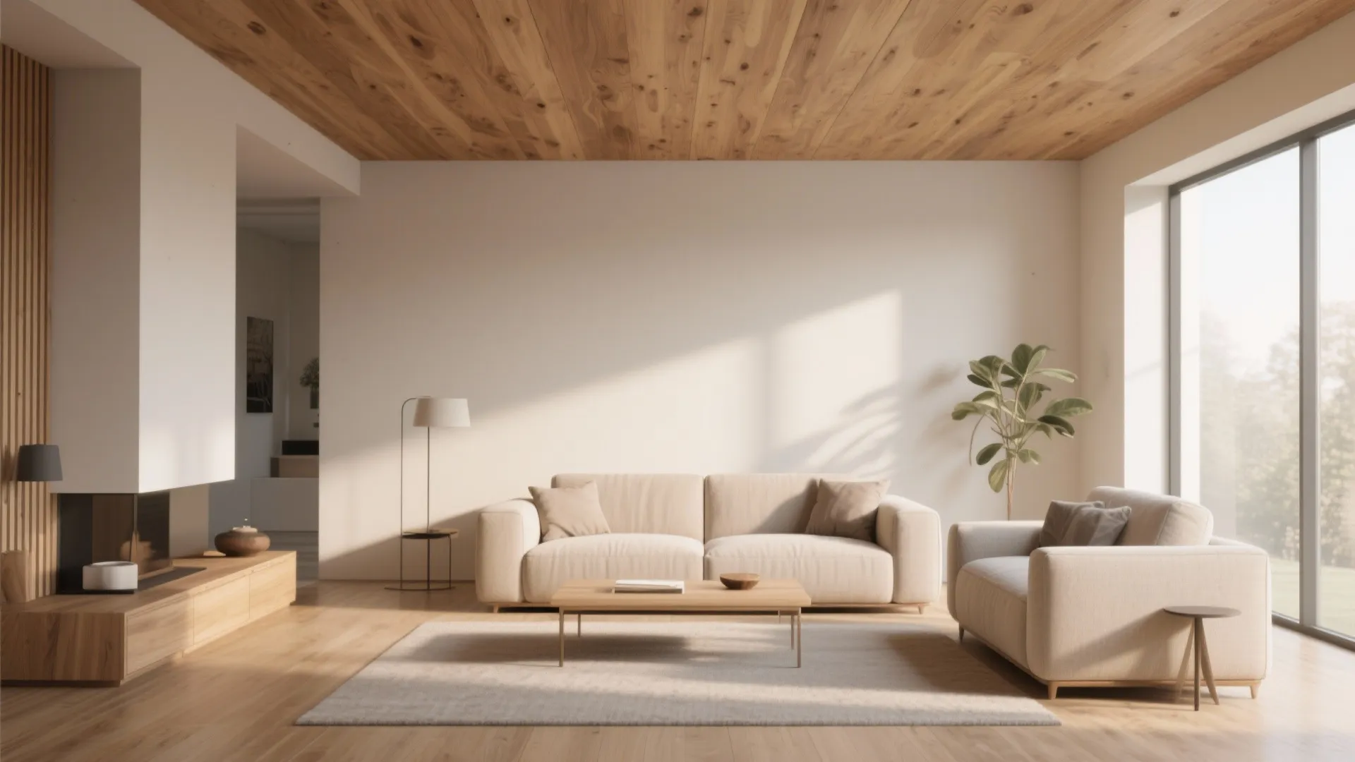 Living room with a warm oak plank ceiling catching sunlight