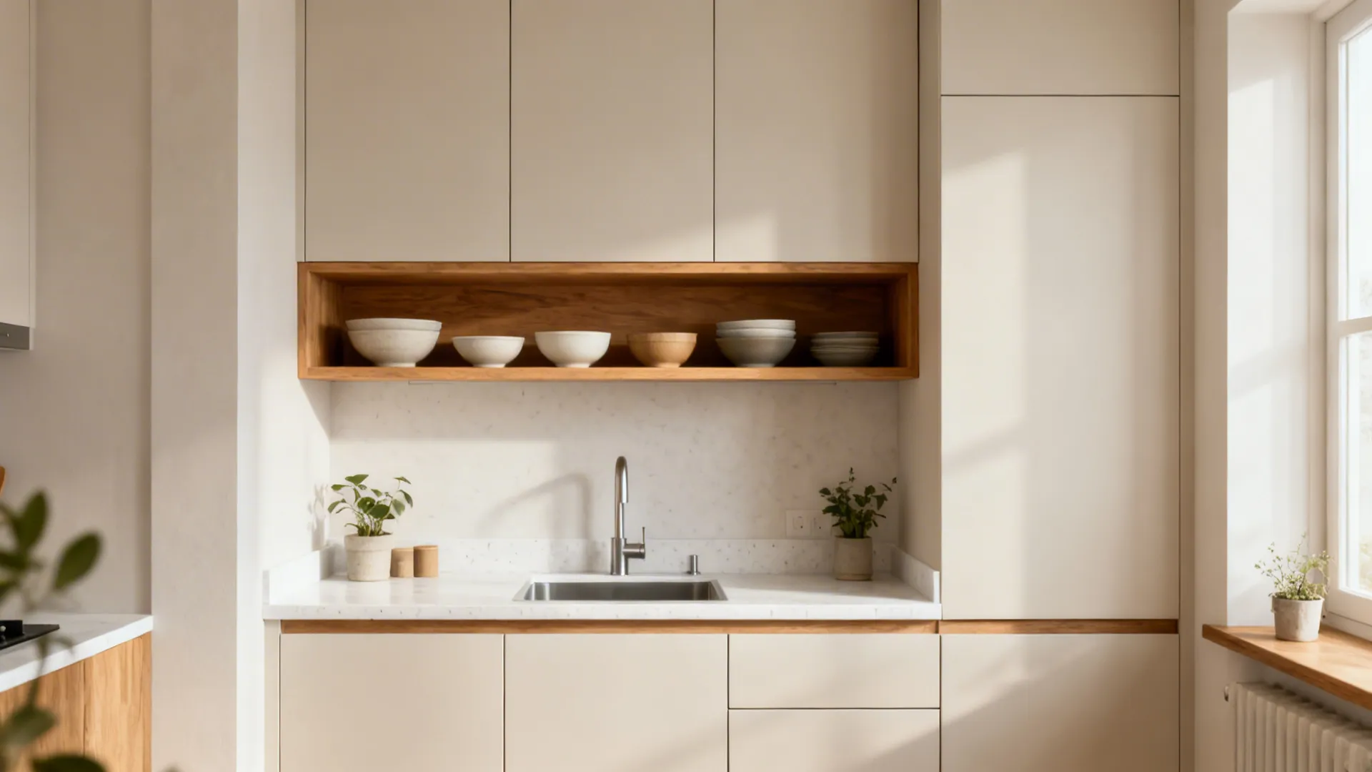 Small kitchen with a single oak open shelf above the sink adding warmth among clean, closed cabinets.