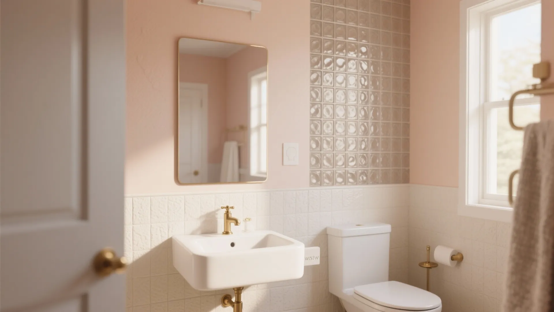 Compact bathroom with warm off-white walls, textured tiles, brass fixtures and a mirror reflecting light.