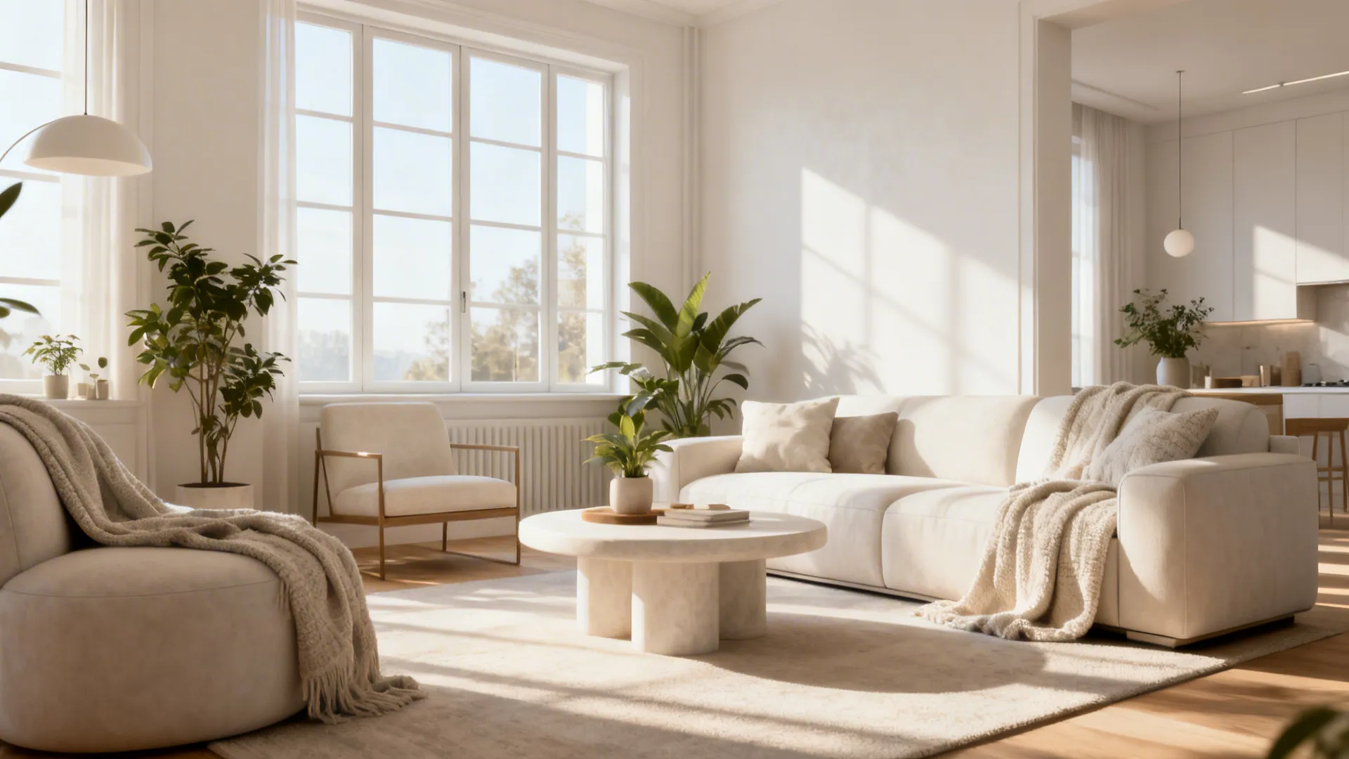 Bright white living room with comfortable sofa round coffee table green plants and large windows