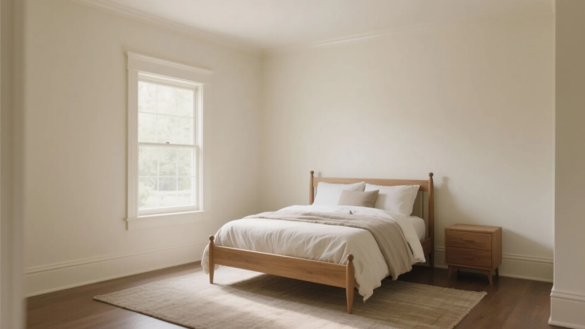 North-facing small bedroom in warm off-white with tone-on-tone trim and oak accents.