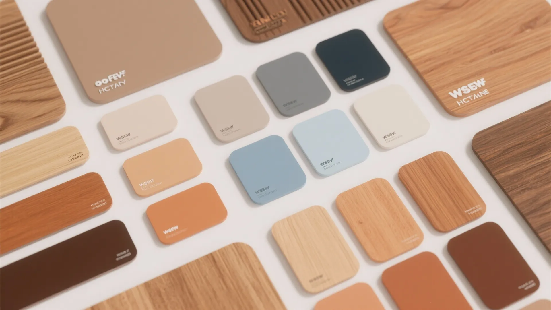 Collection of interior design material samples showing various wood textures and warm color palette cards
