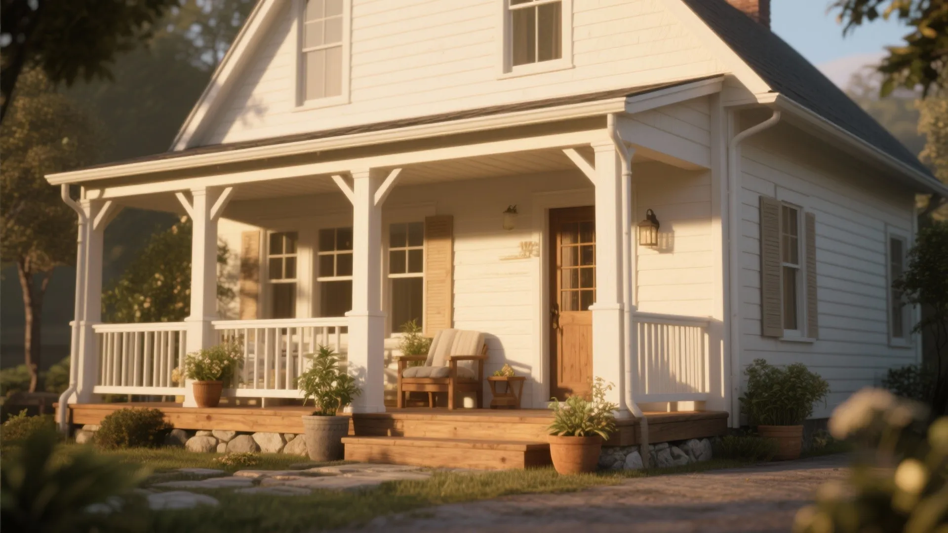 White house with front porch featuring wooden door and chair plus potted plants and windows