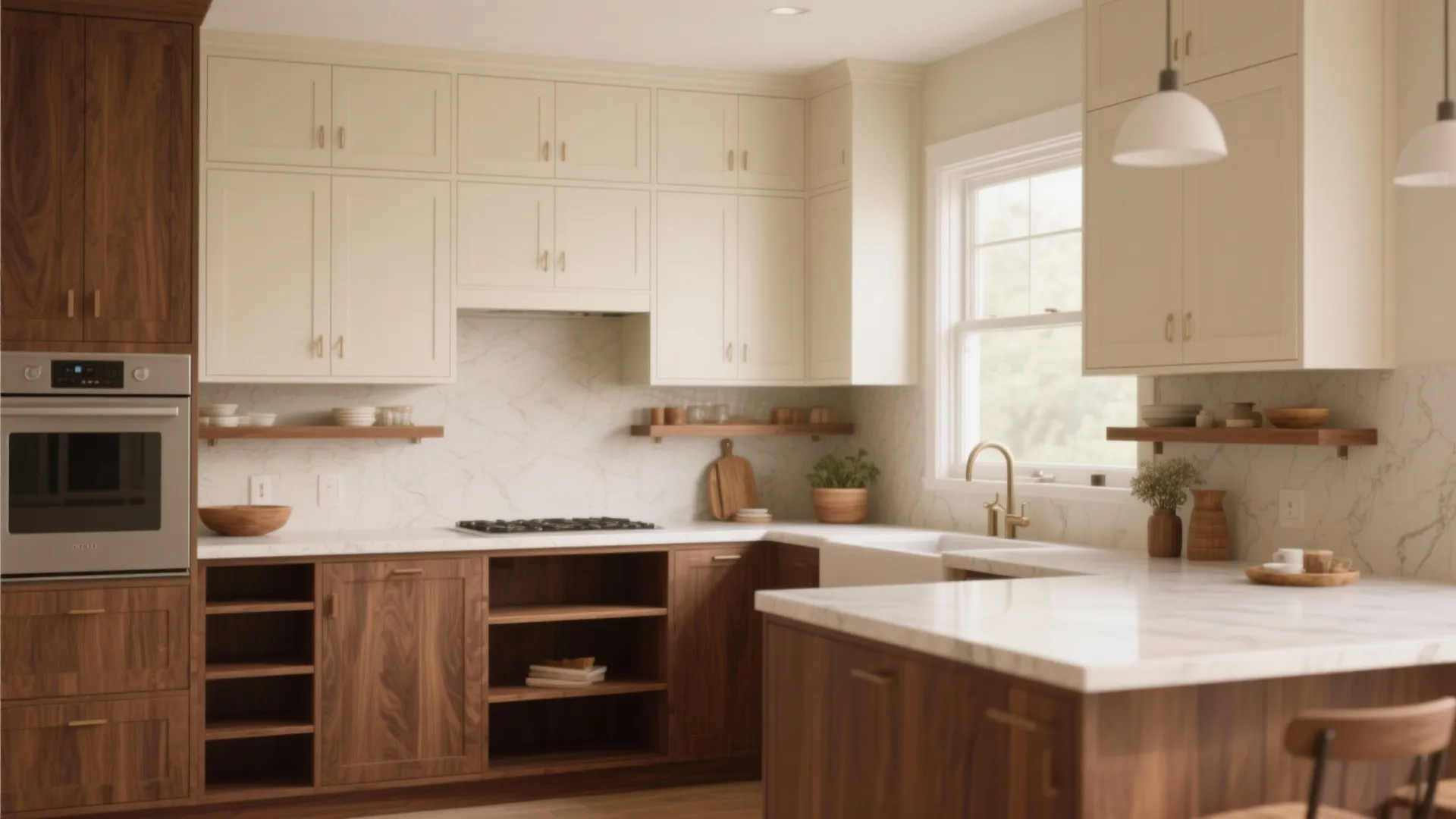 Creamy off-white upper cabinets paired with walnut lower cabinets and open shelving, showing warm texture and contrast.