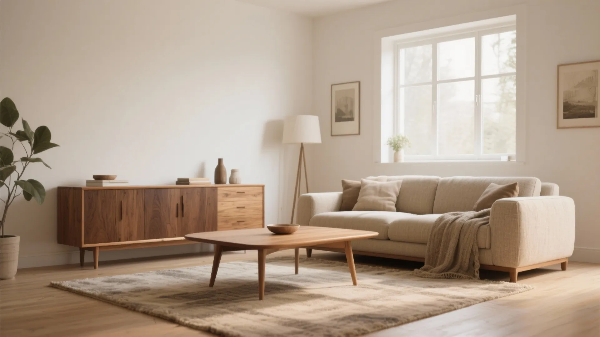 Modern living room with wooden cabinet beige sofa coffee table floor lamp and large window