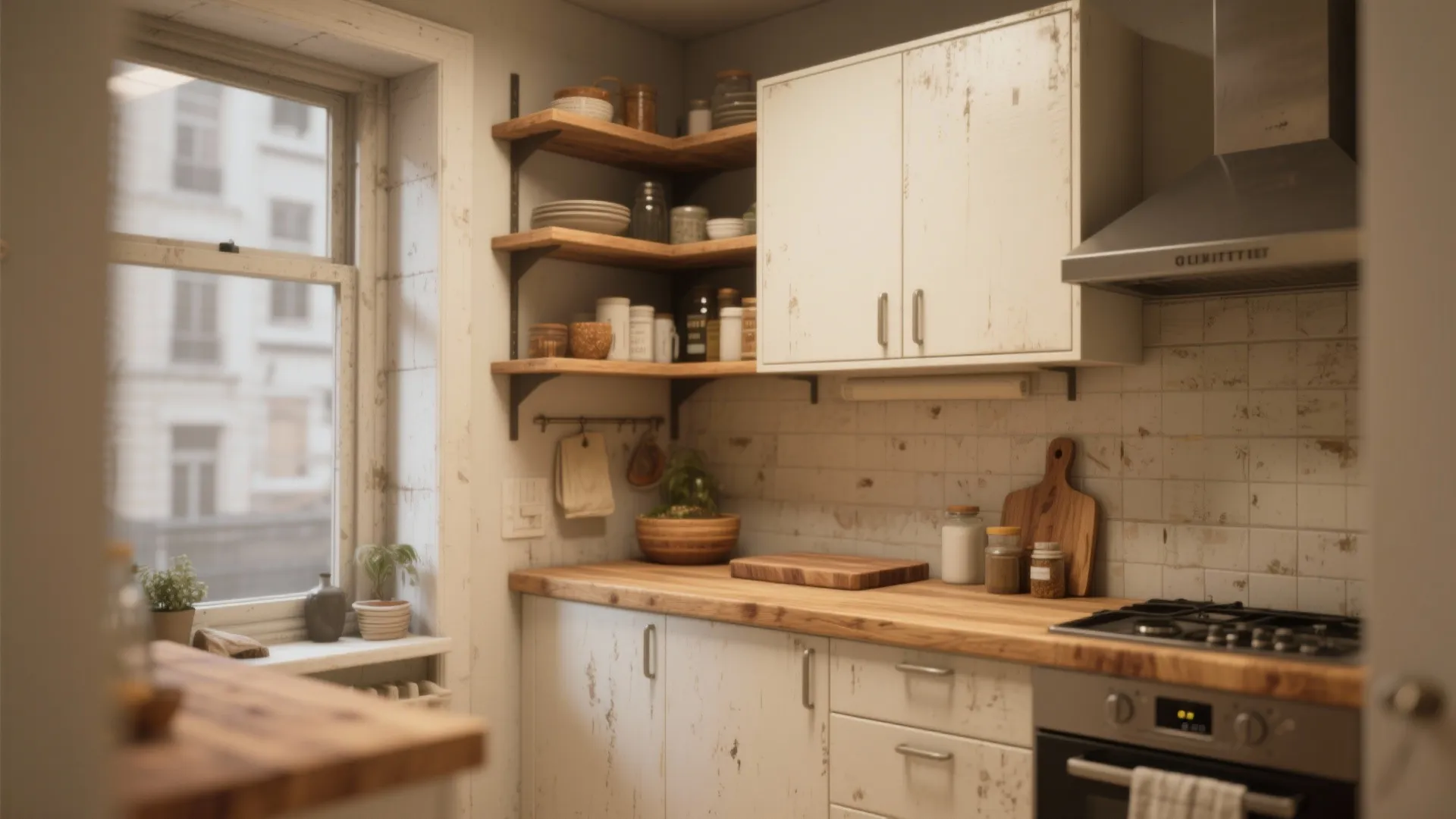 1. Warm off-white with wood accents