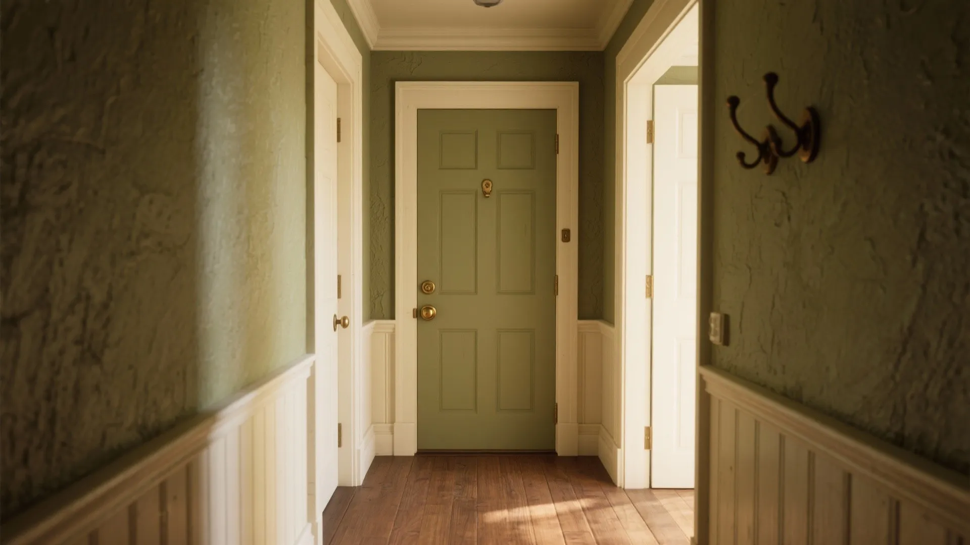 Green hallway featuring a matching green door white wall panels wooden floor and classic wall hooks