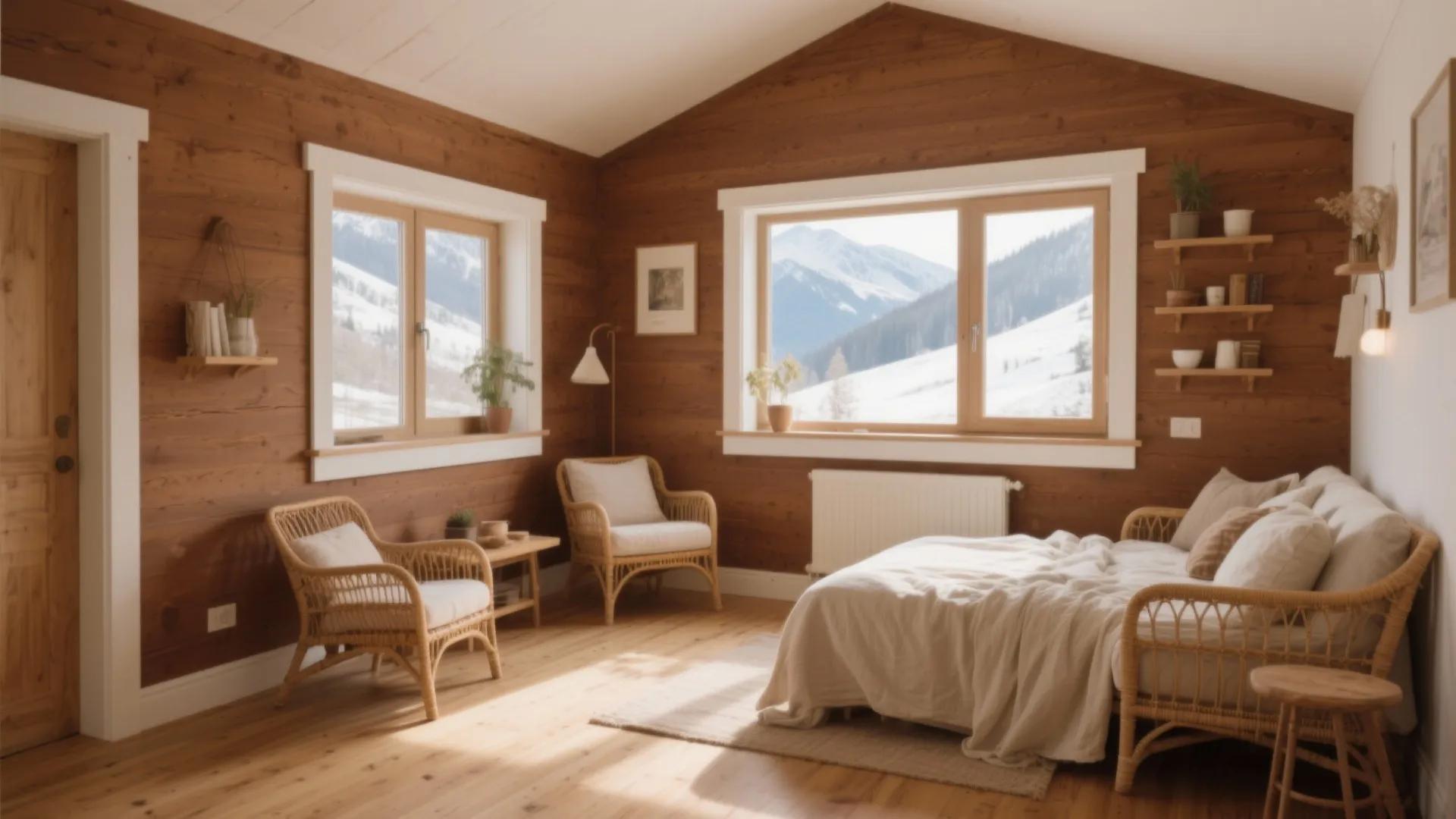 Cozy wooden cabin bedroom with rattan chairs white bedding and windows showing snowy mountain views