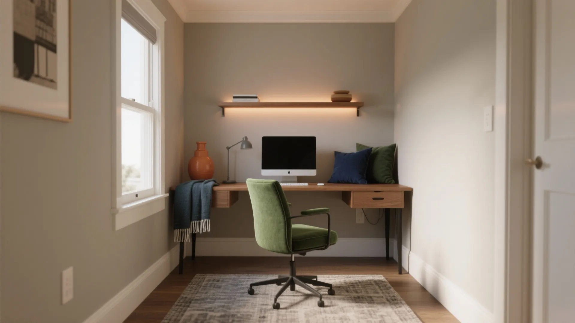 Modern home office with green chair wooden desk computer monitor warm lighting and a blue rug