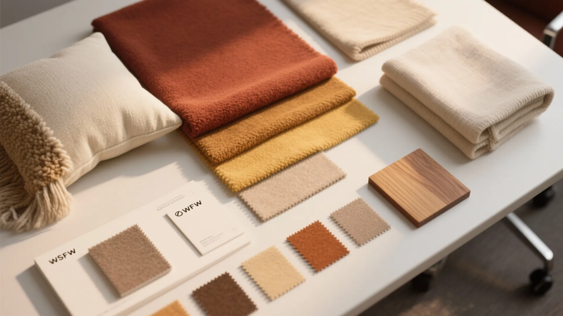 Soft fabric swatches and wood samples with warm tones for interior home design material selection