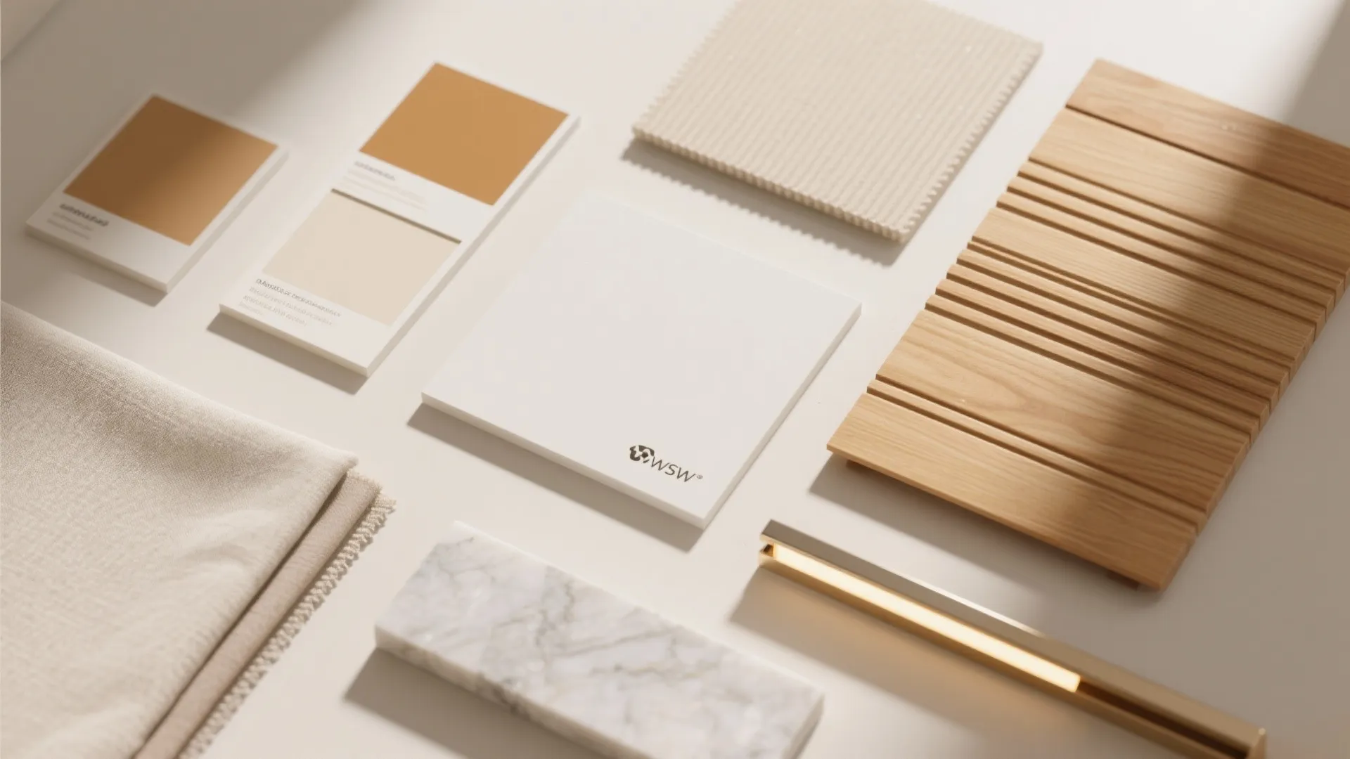 Interior design mood board with wood floor samples marble stone fabric swatches and warm color palettes