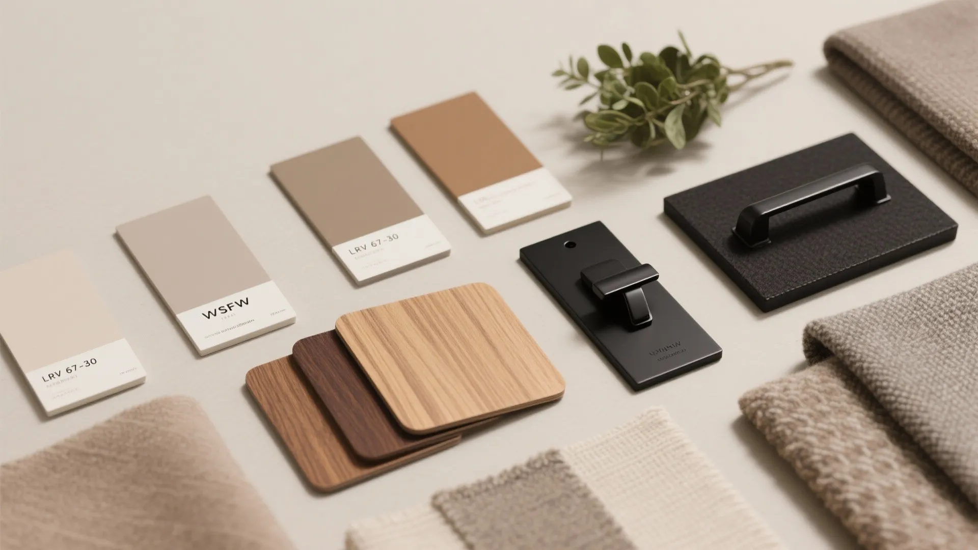 Interior design mood board with color swatches wood samples black door handles and folded fabric textures