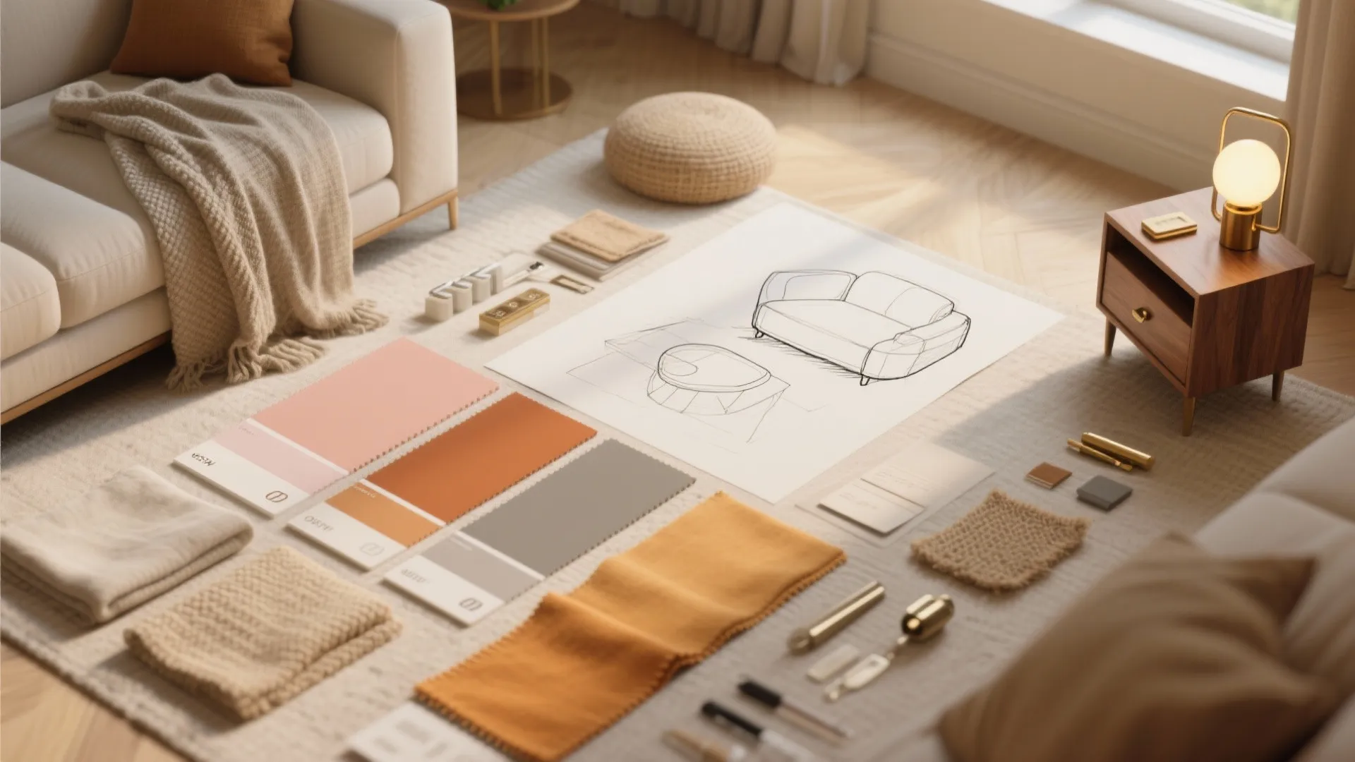 Interior design mood board with warm color swatches, fabric samples, sofa sketch, and gold lamp